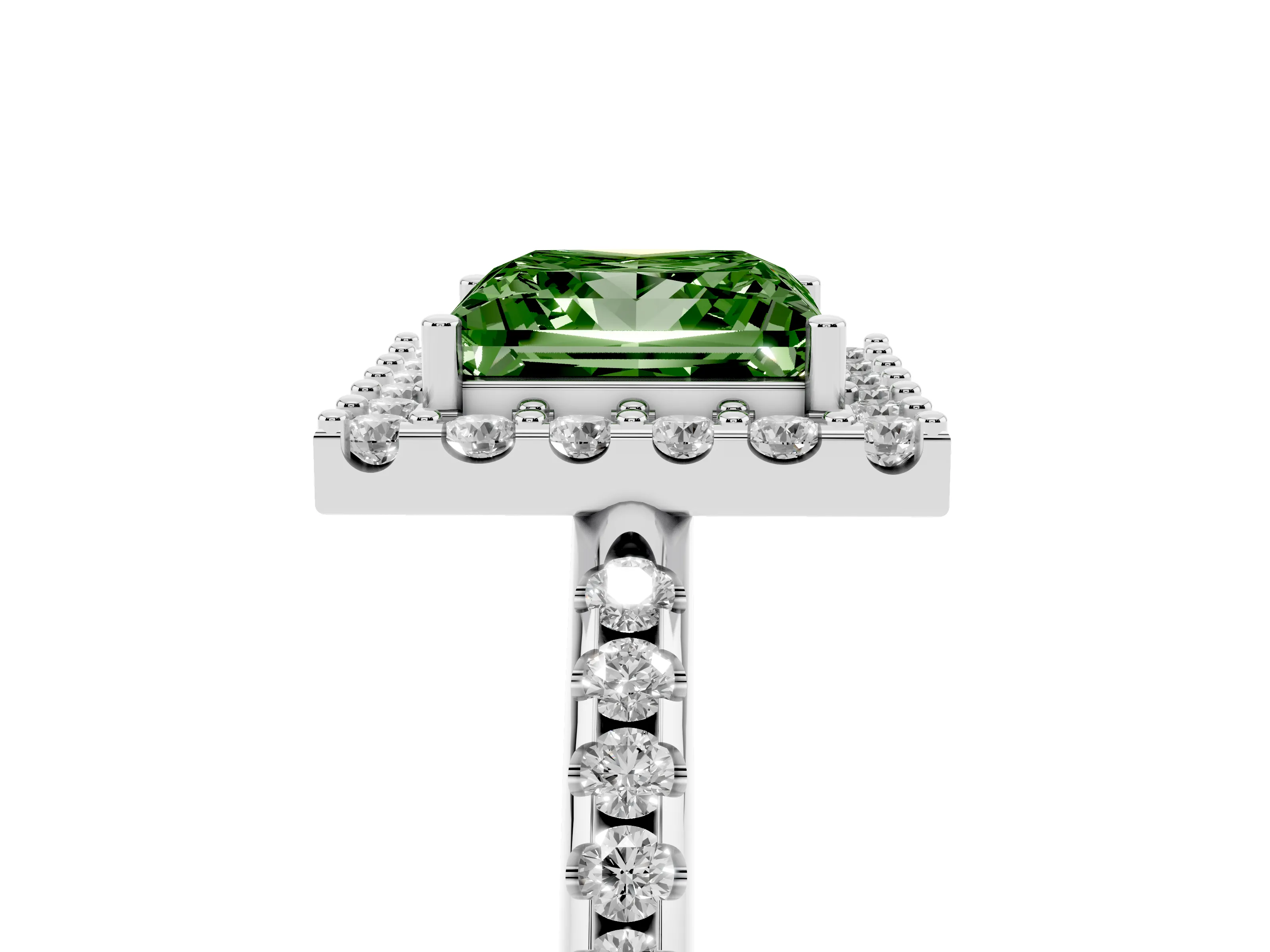 Fancy Green Princess Cut Diamond Pavé Halo Ring Set in Silver with Prong Setting