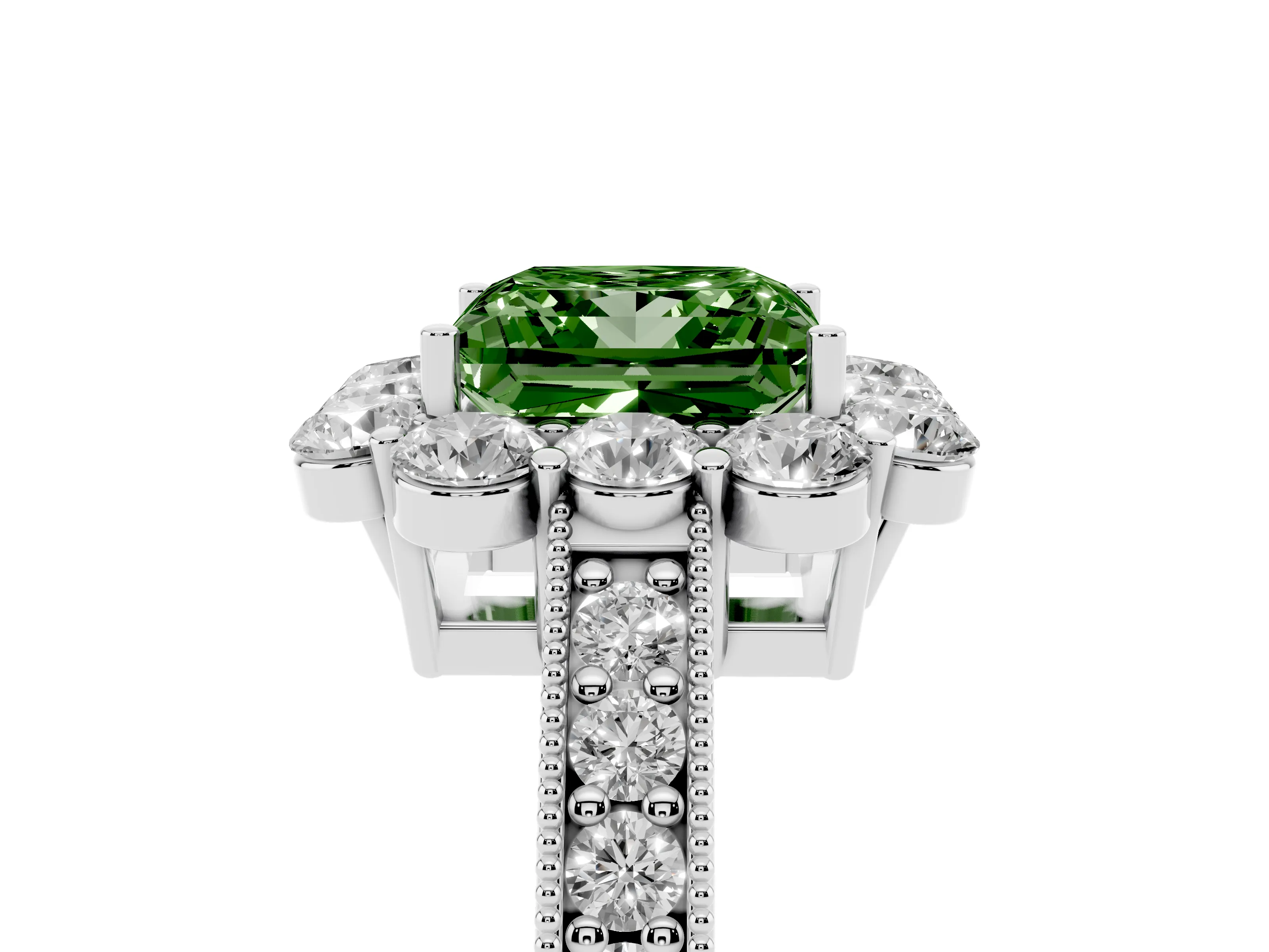Fancy Green Princess Cut Diamond Halo Pavé Engagement Ring Set in White gold with Milgrain Detailing
