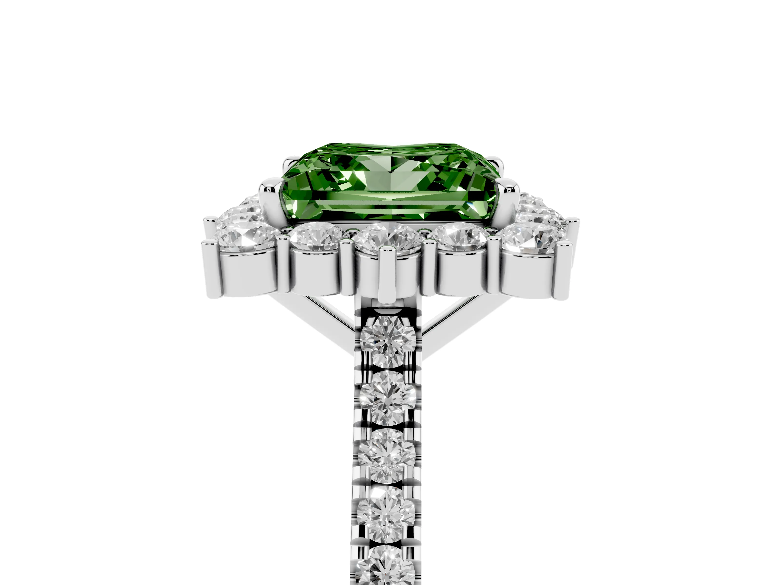 Fancy Green Princess Cut Diamond Halo Ring Set in White gold with Pavé Band and Prong Setting