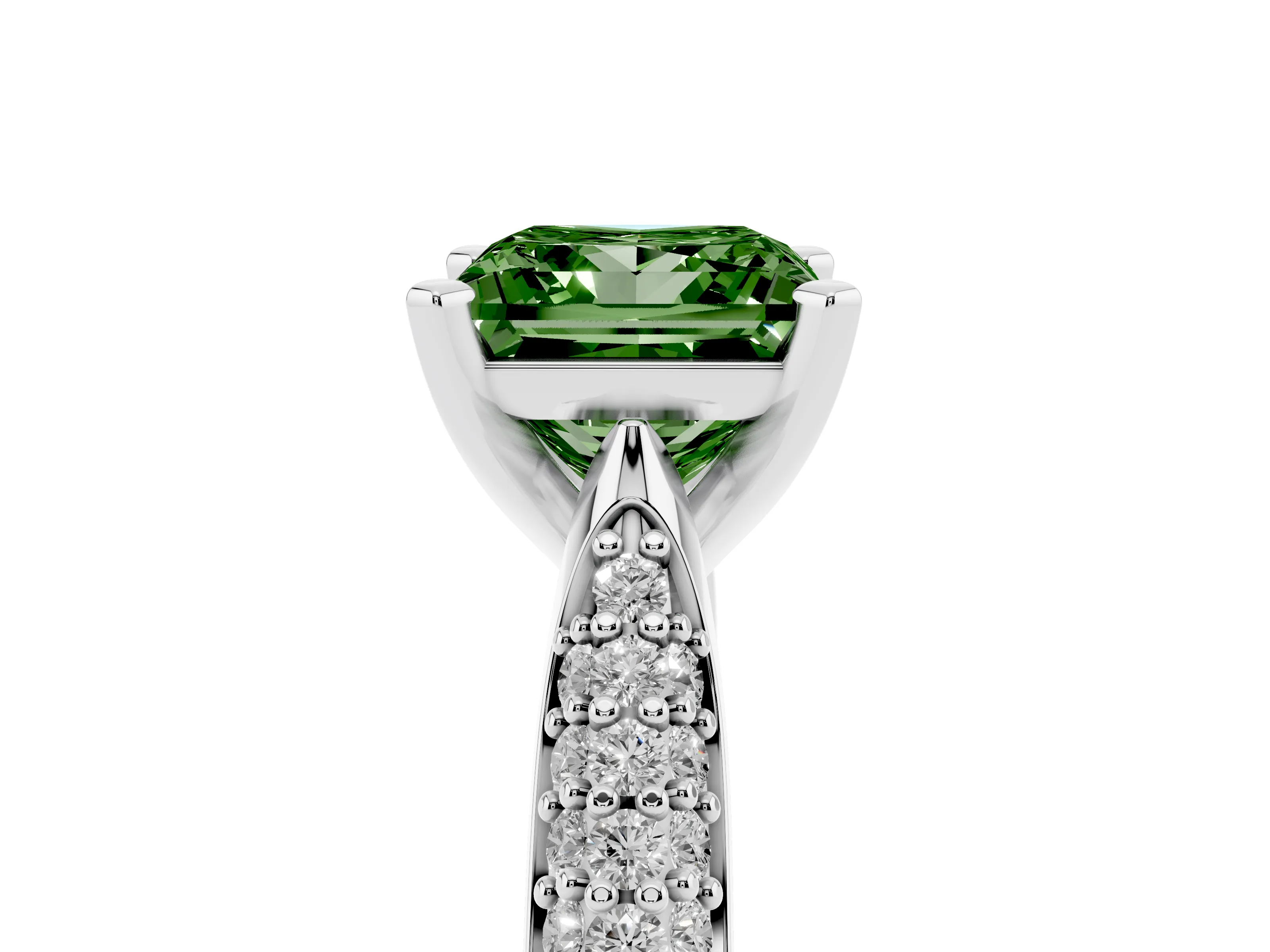 Fancy Green Princess Cut Diamond Solitaire Engagement Ring Set in Platinum with Multi-Row Round Pavé Band and Prong Setting