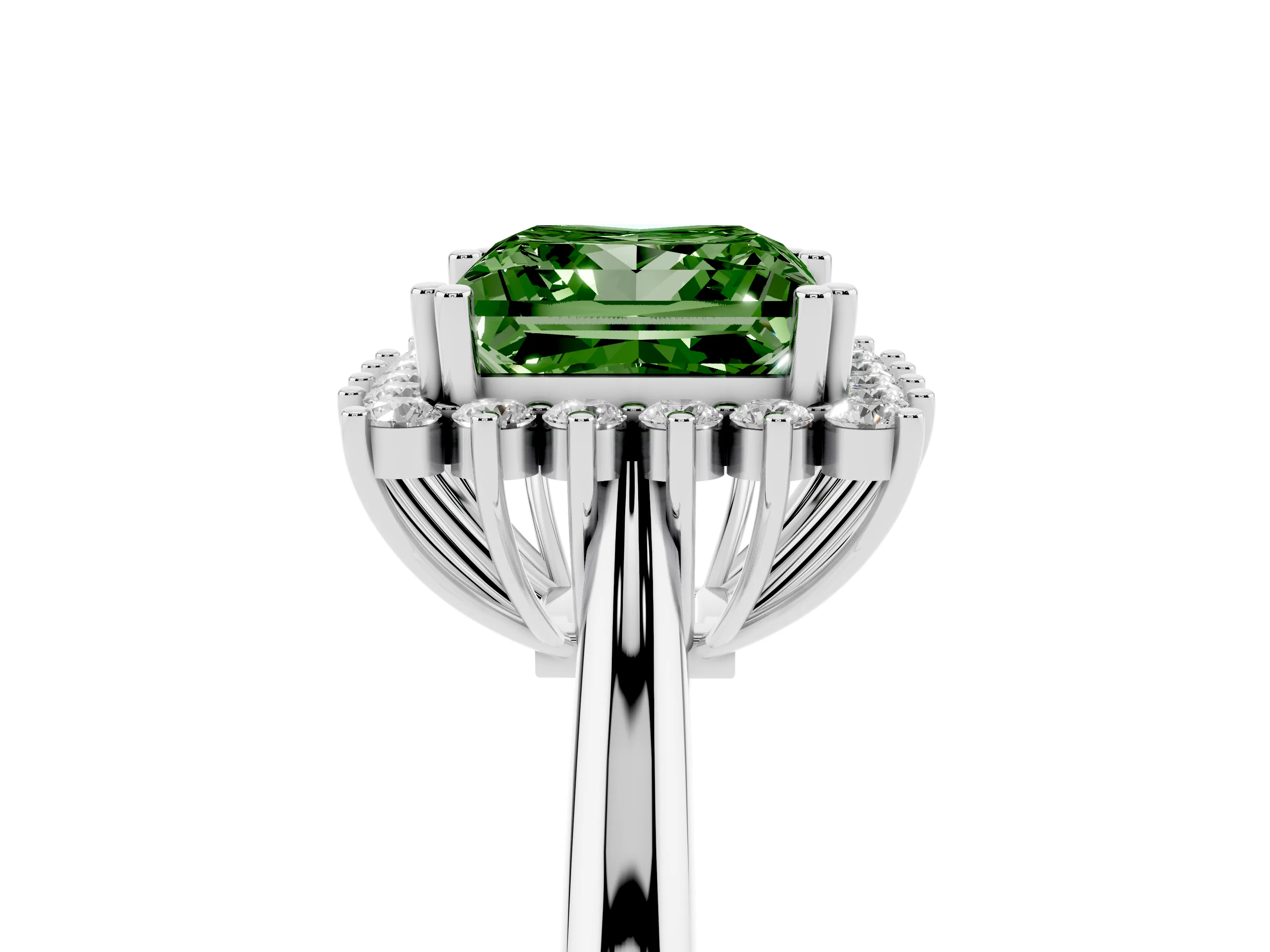 Fancy Green Princess Cut Diamond Halo Ring Set in Silver with Plain Solitaire Band and Prong Setting