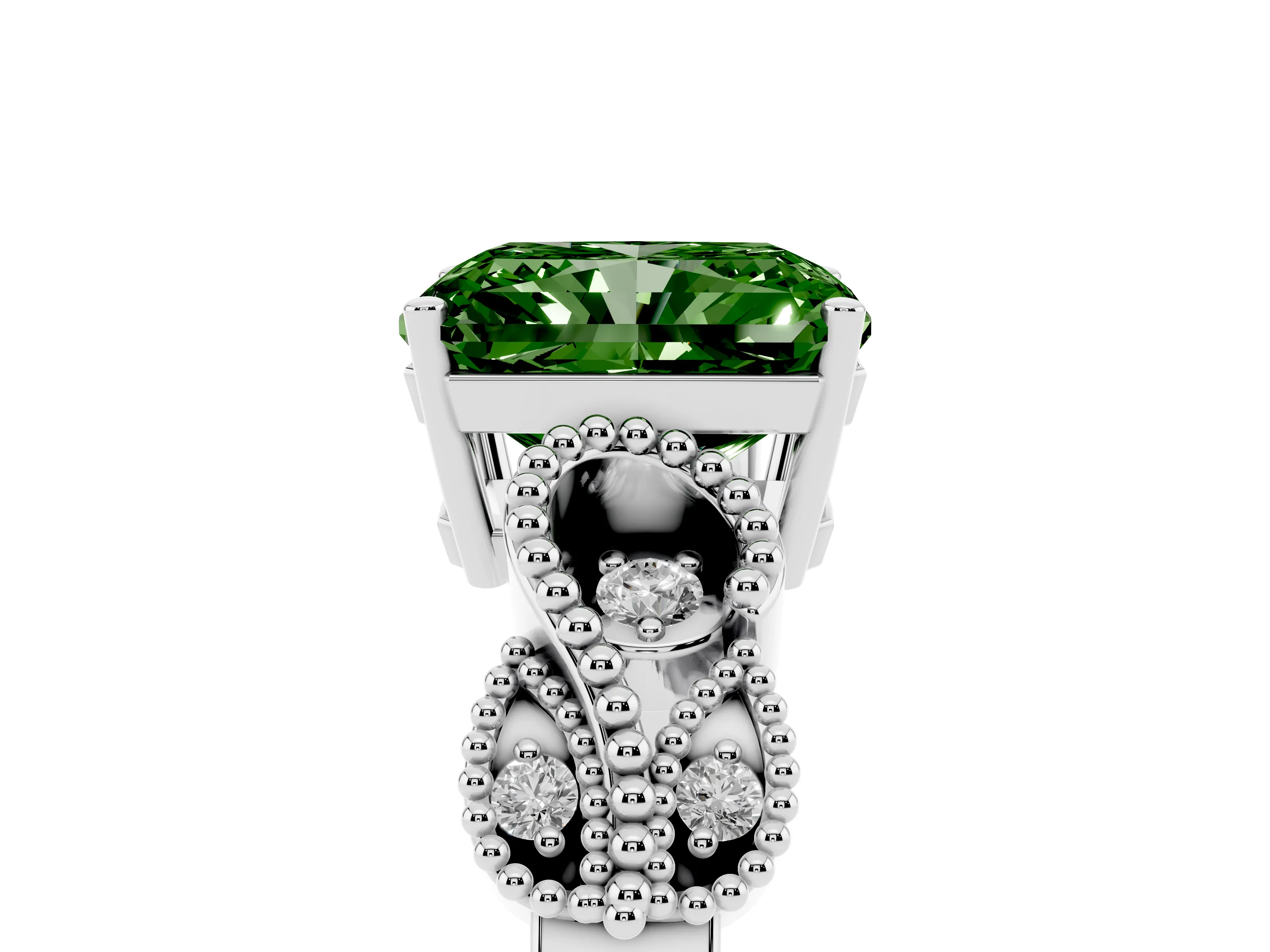 Fancy Green Princess Cut Diamond Milgrain Leaf Band Solitaire Ring Set in Silver with Accent Stones and Prong Setting