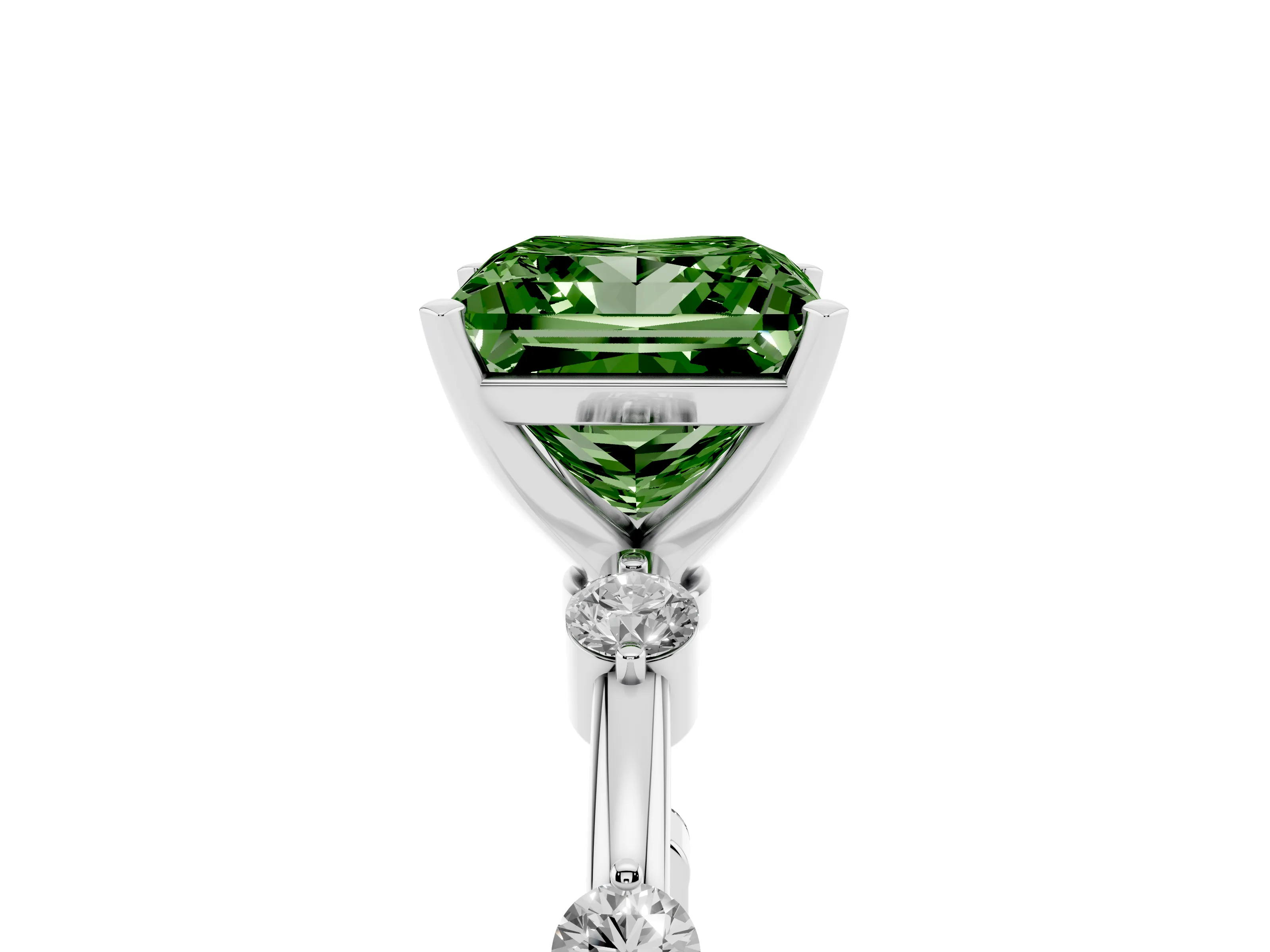Fancy Green Princess Cut Diamond Solitaire Ring Set in Platinum with Bezel Set Side Stones and Prong Setting