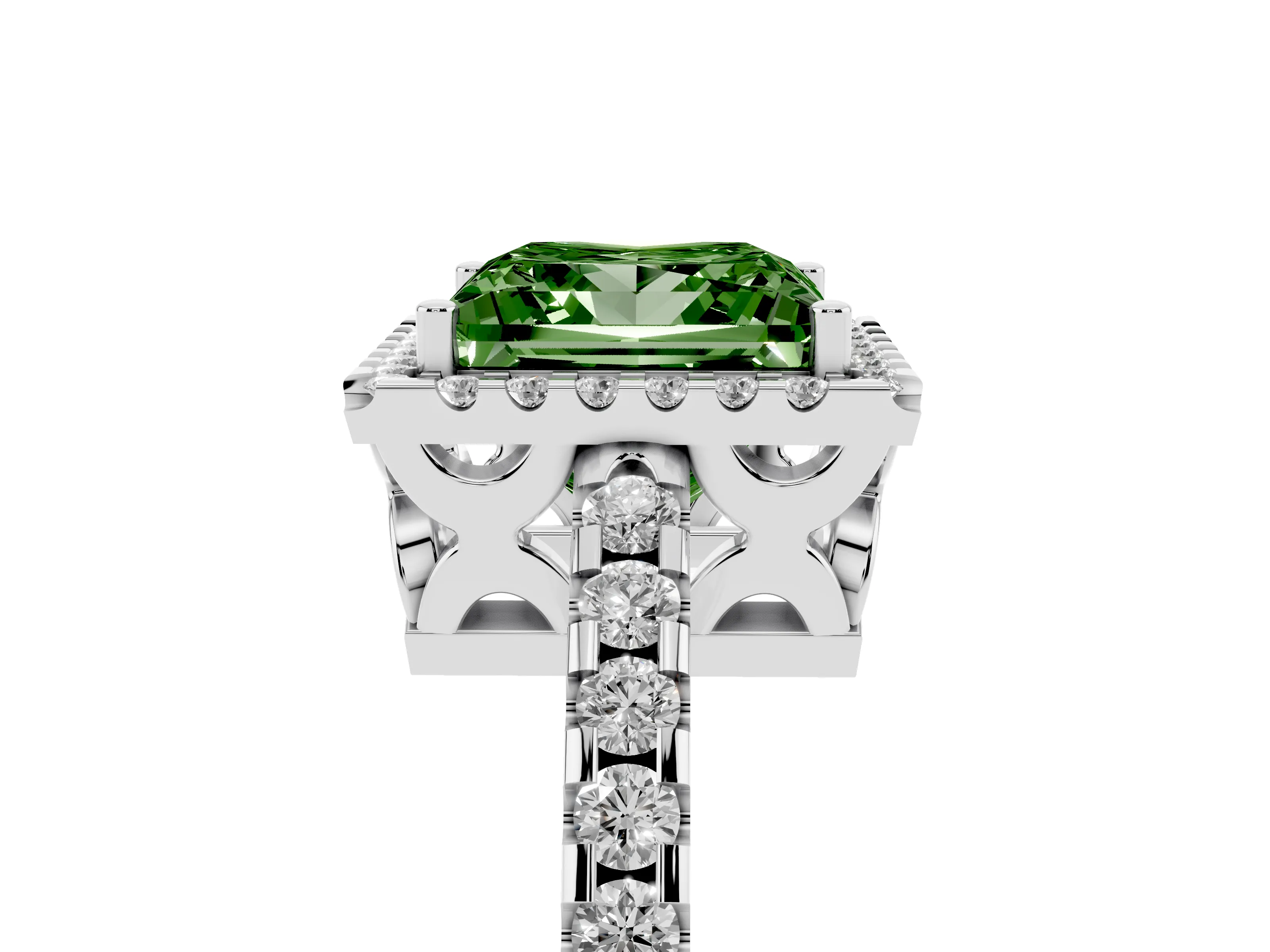 Fancy Green Princess Cut Diamond Halo Ring Set in Silver with Pavé Shoulders and Halo-Framed Center