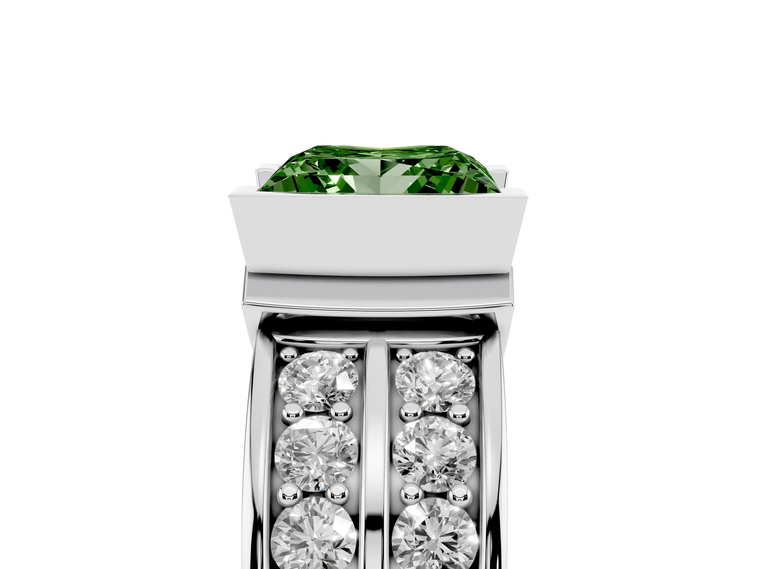 Fancy Green Princess Cut Diamond Wide Channel Set Band Ring Set in Silver with Bezel Setting