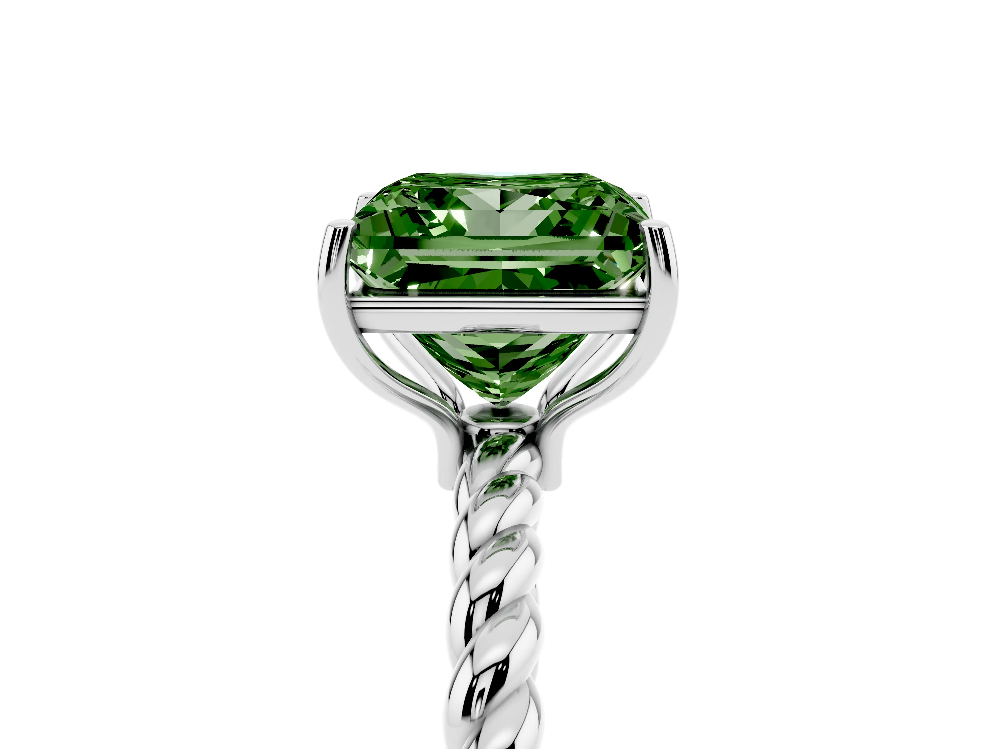 Fancy Green Princess Cut Diamond Solitaire Ring Set in White gold with Twist Band and Prong Setting