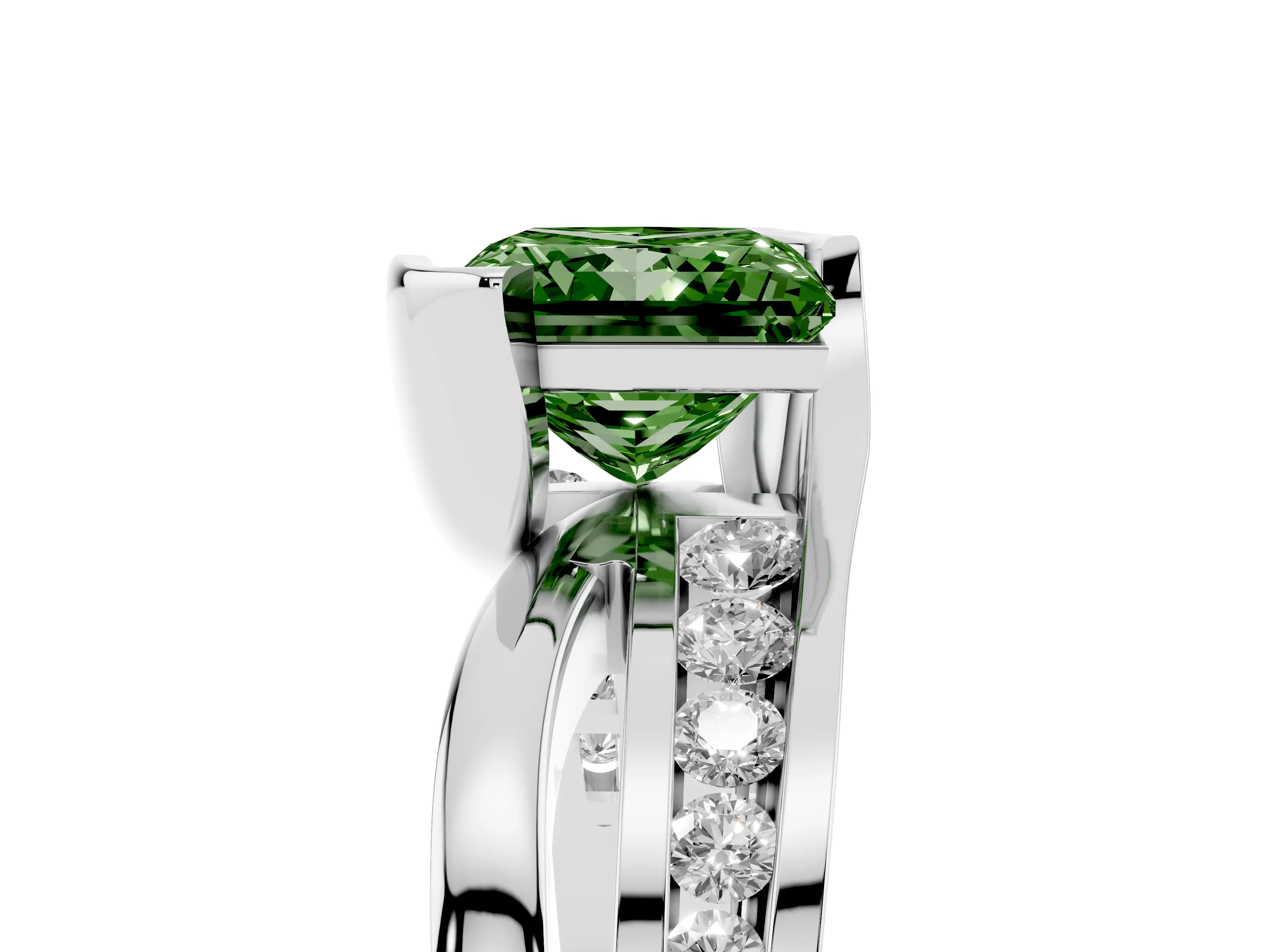 Fancy Green Princess Cut Diamond Solitaire Ring Set in Silver with Channel Set Split Shank and Tension Prongs