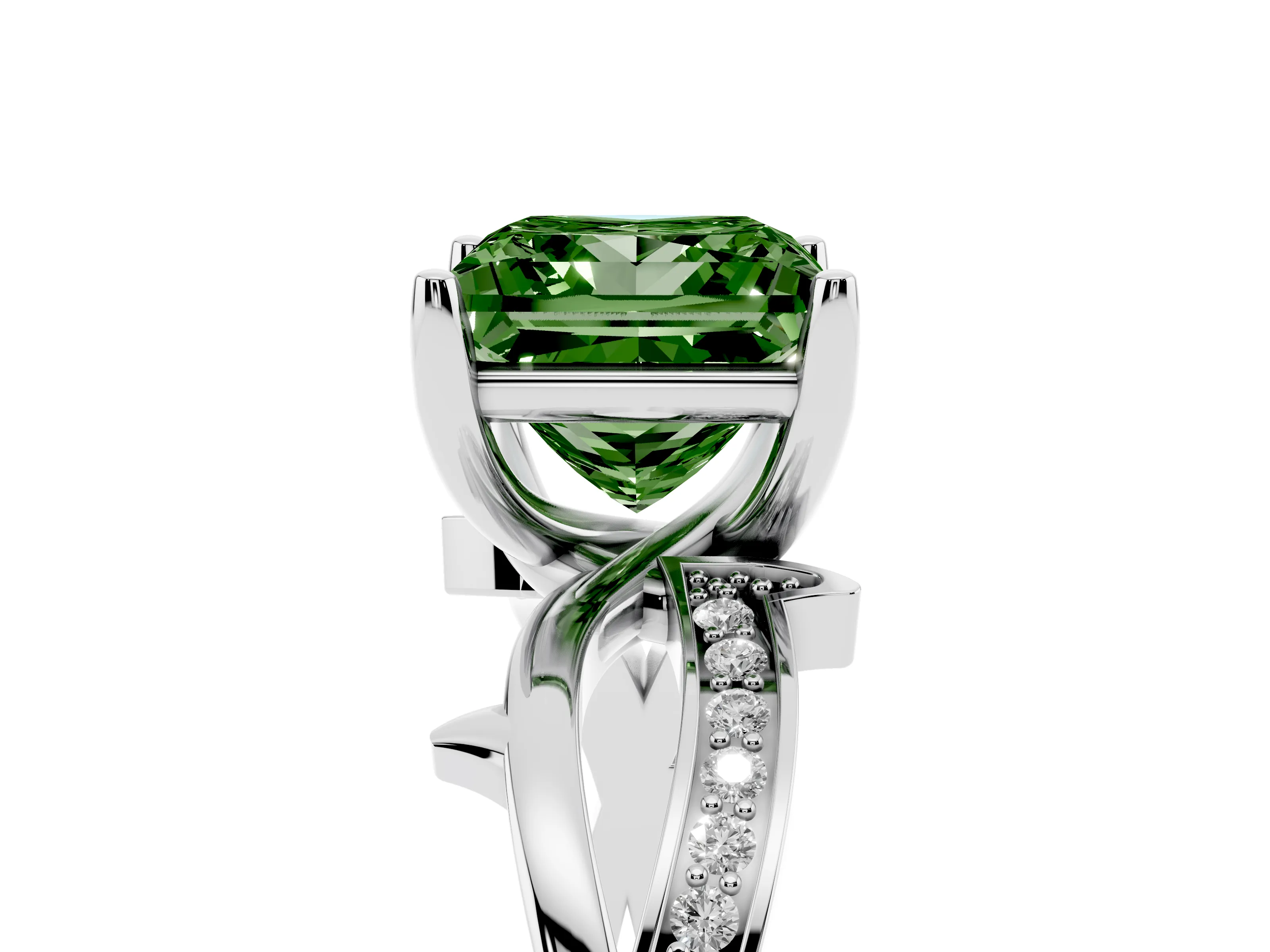 Fancy Green Princess Cut Diamond Pavé Twist Band Solitaire Ring Set in Silver with Prong Setting