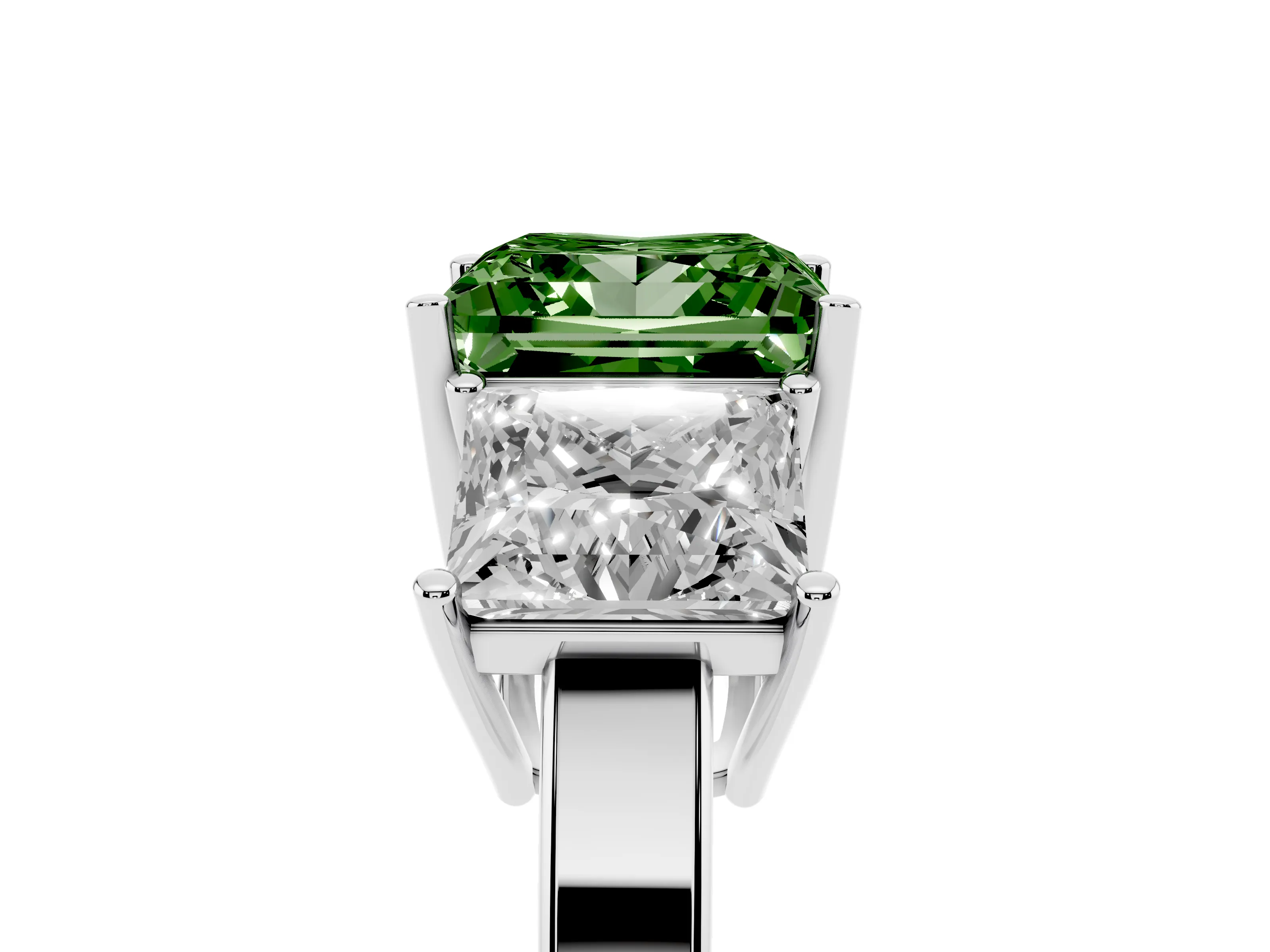 Fancy Green Princess Cut Diamond Three-Stone Engagement Ring Set in Platinum with Flat Band