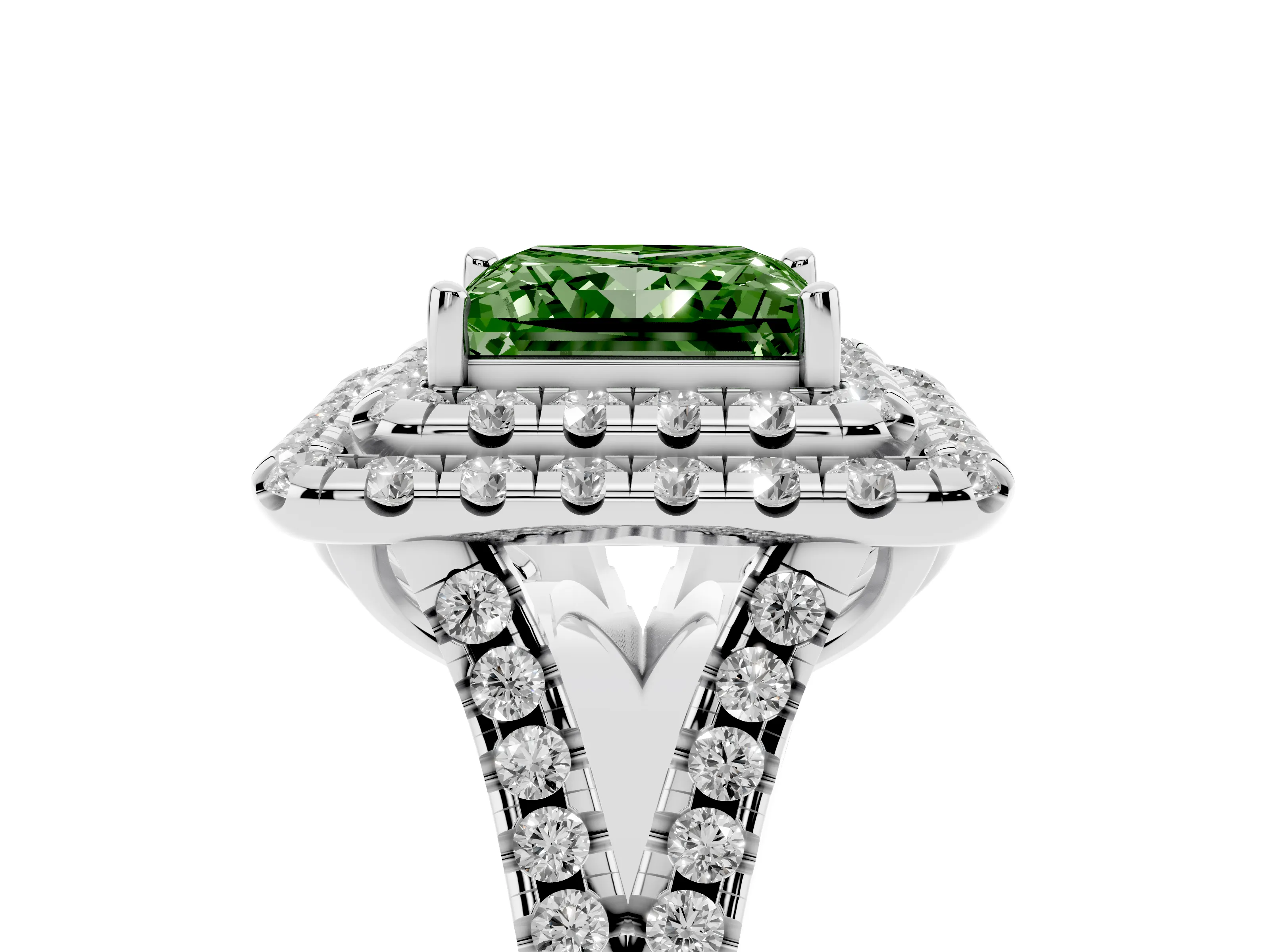 Fancy Green Princess Cut Diamond Double Halo Ring Set in White gold with Pavé Split Shank and Prong Setting
