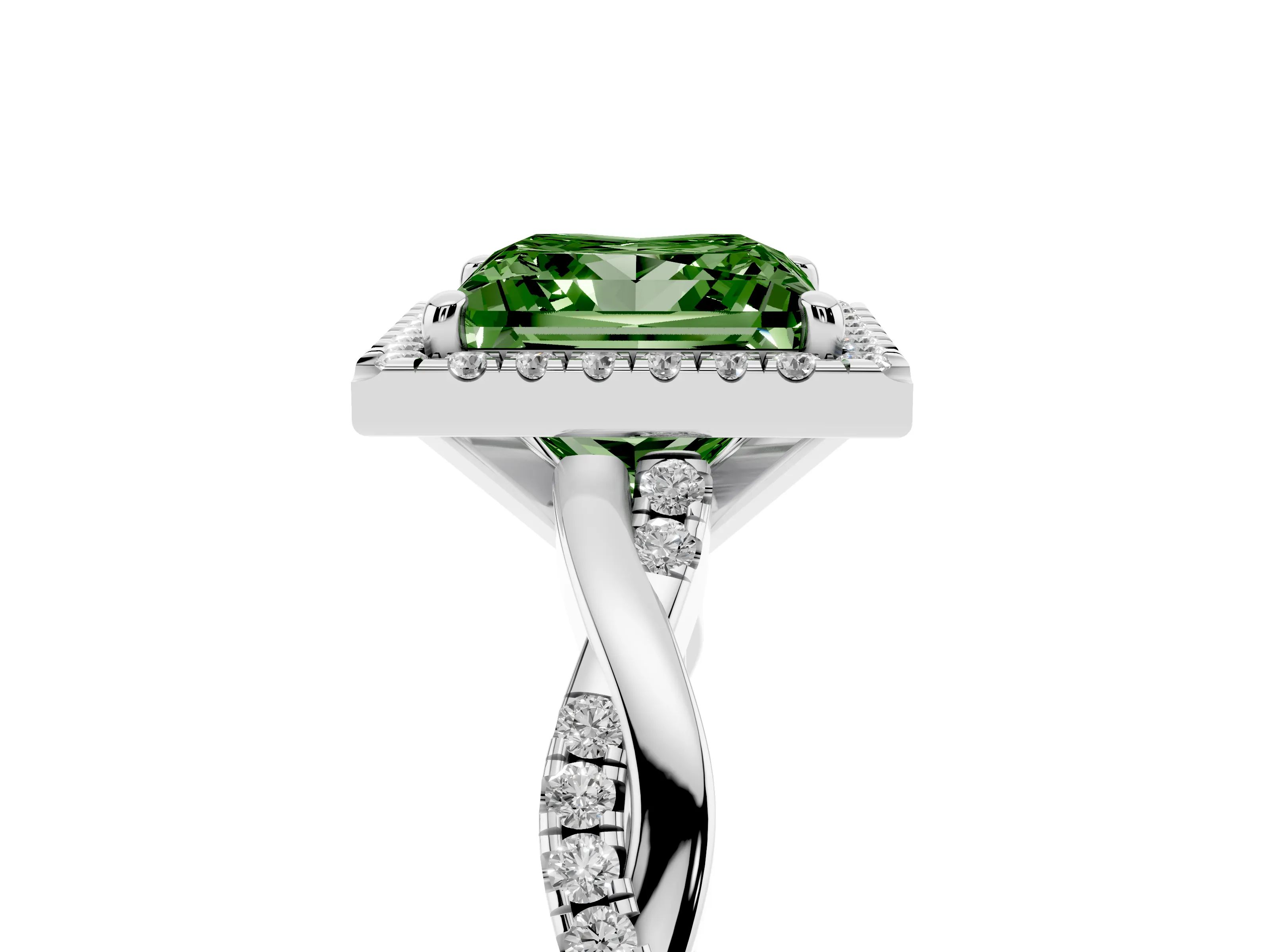 Fancy Green Princess Cut Diamond Halo Twisted Band Ring Set in Silver with Prong Setting