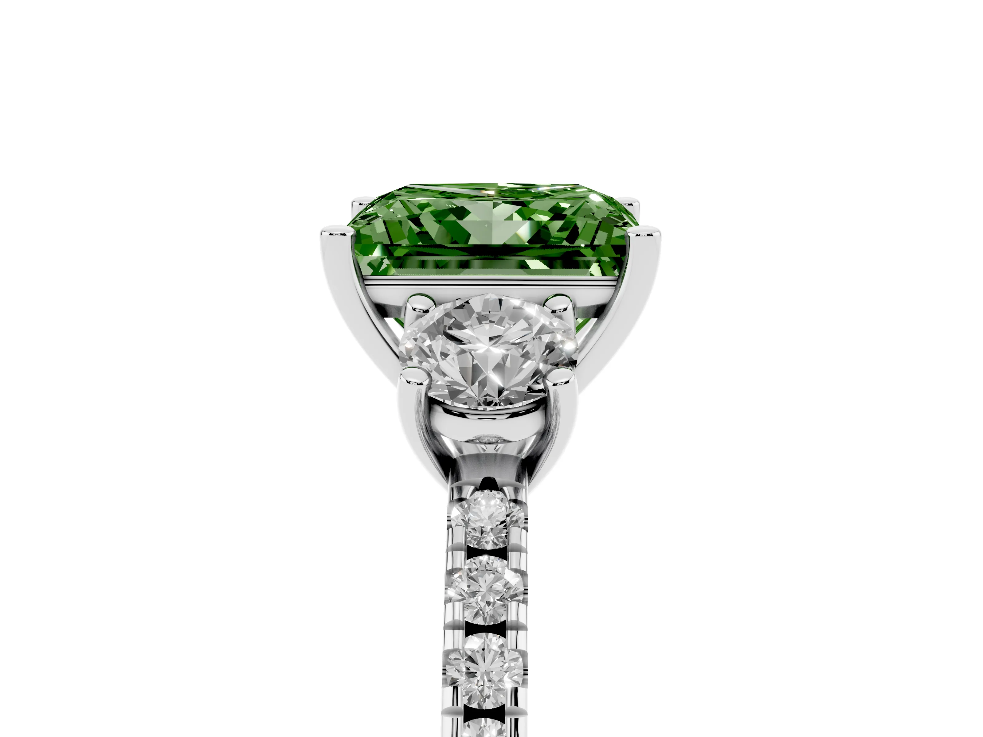 Fancy Green Princess Cut Diamond Three-Stone Ring Set in White gold with Pavé Band and Graduated Sides
