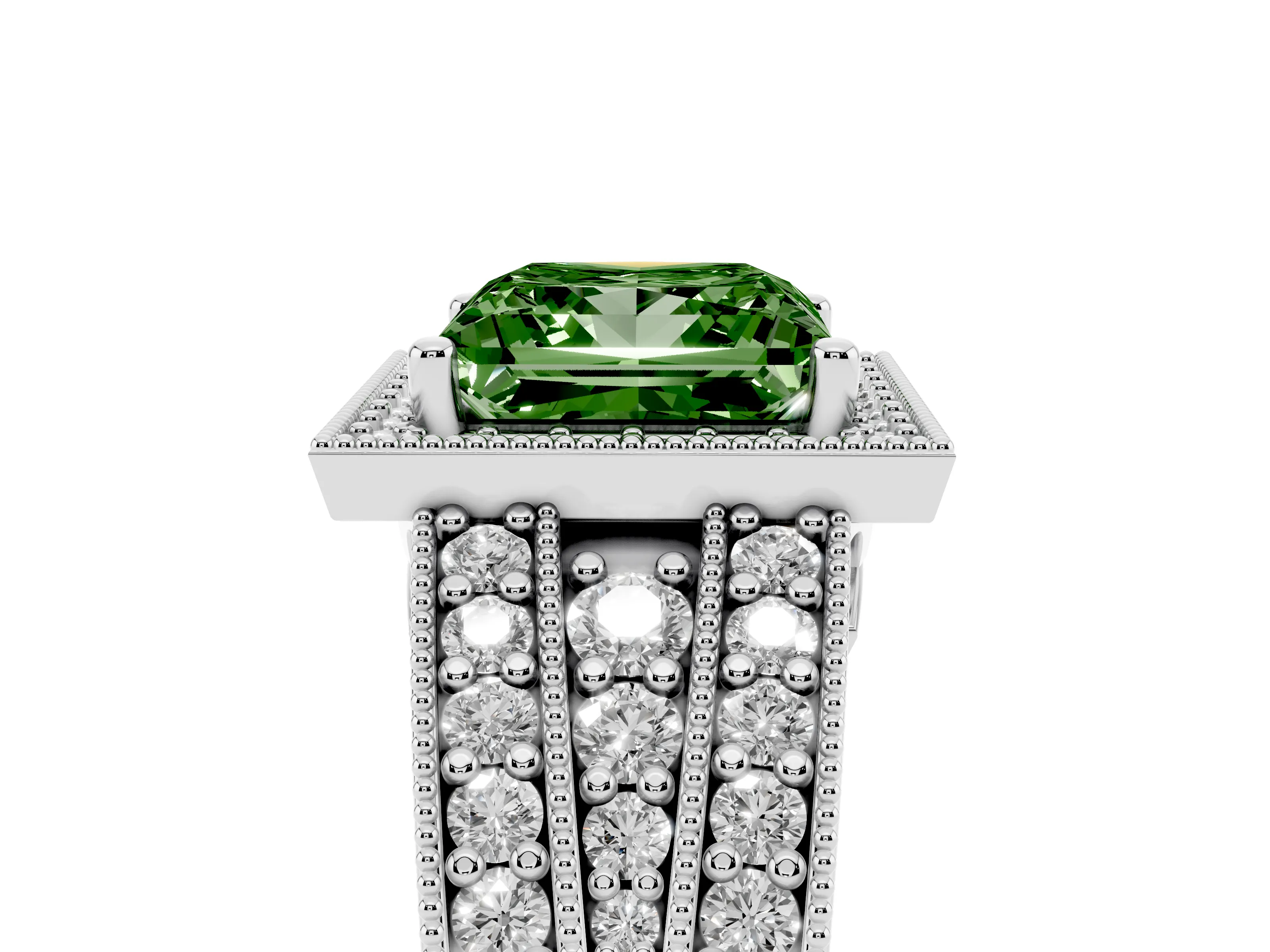 Fancy Green Princess Cut Diamond Halo Ring Set in White gold with Accent Split Shank and Prong Setting