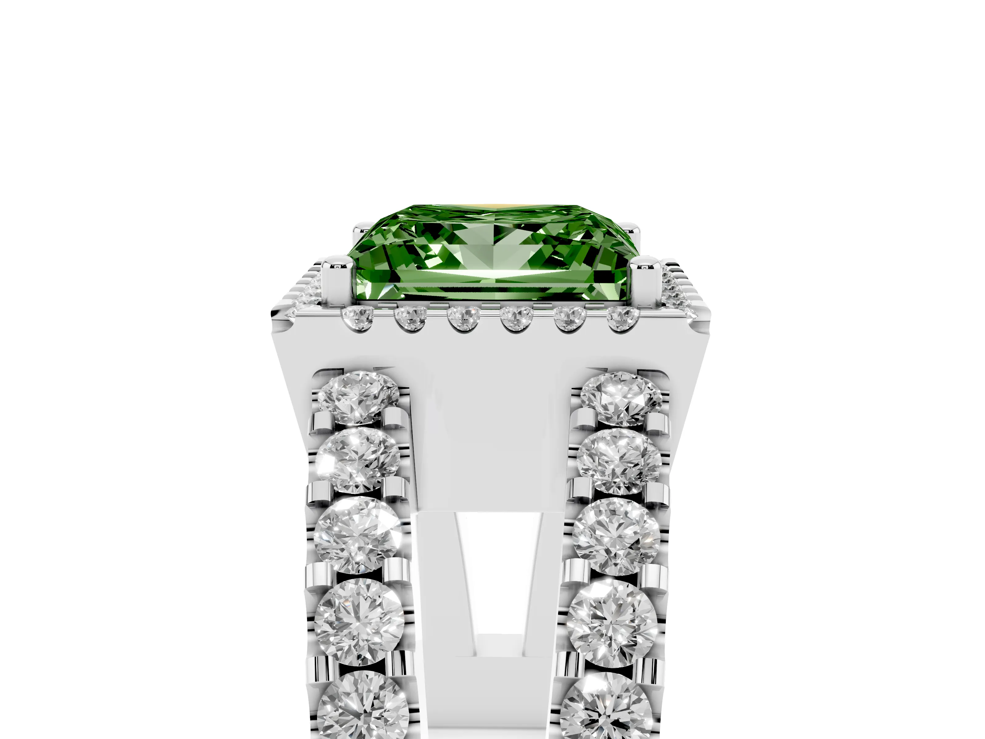 Fancy Green Princess Cut Diamond Halo Ring Set in White gold with Pavé Split Shank and Prong Setting