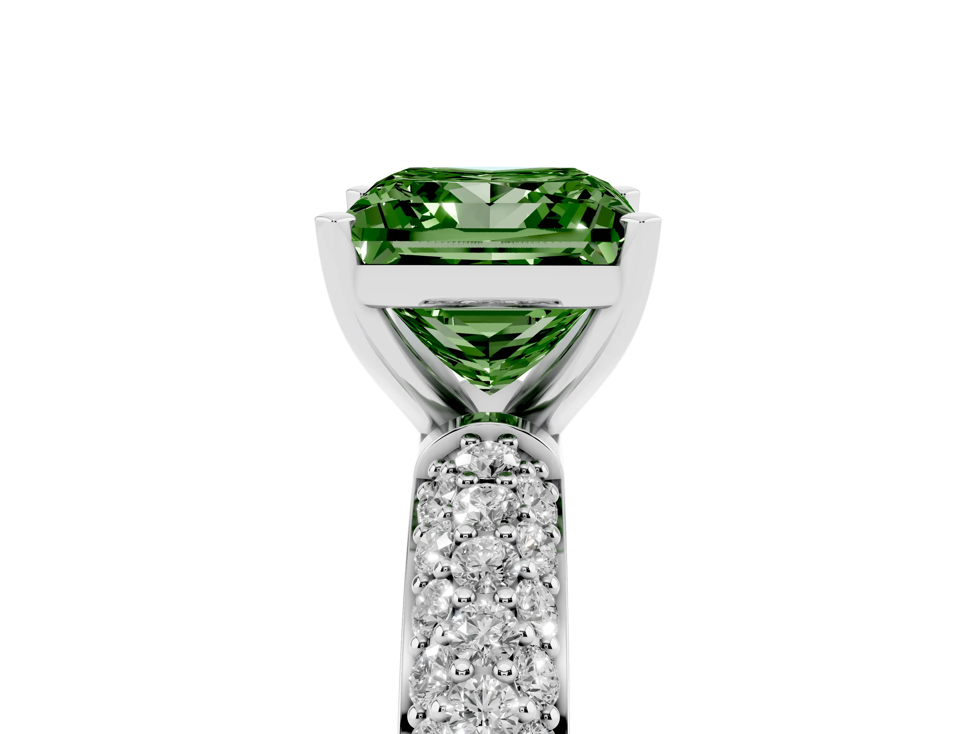 Fancy Green Princess Cut Diamond Solitaire Ring Set in Platinum with Prong Setting and Pavé-Set Band