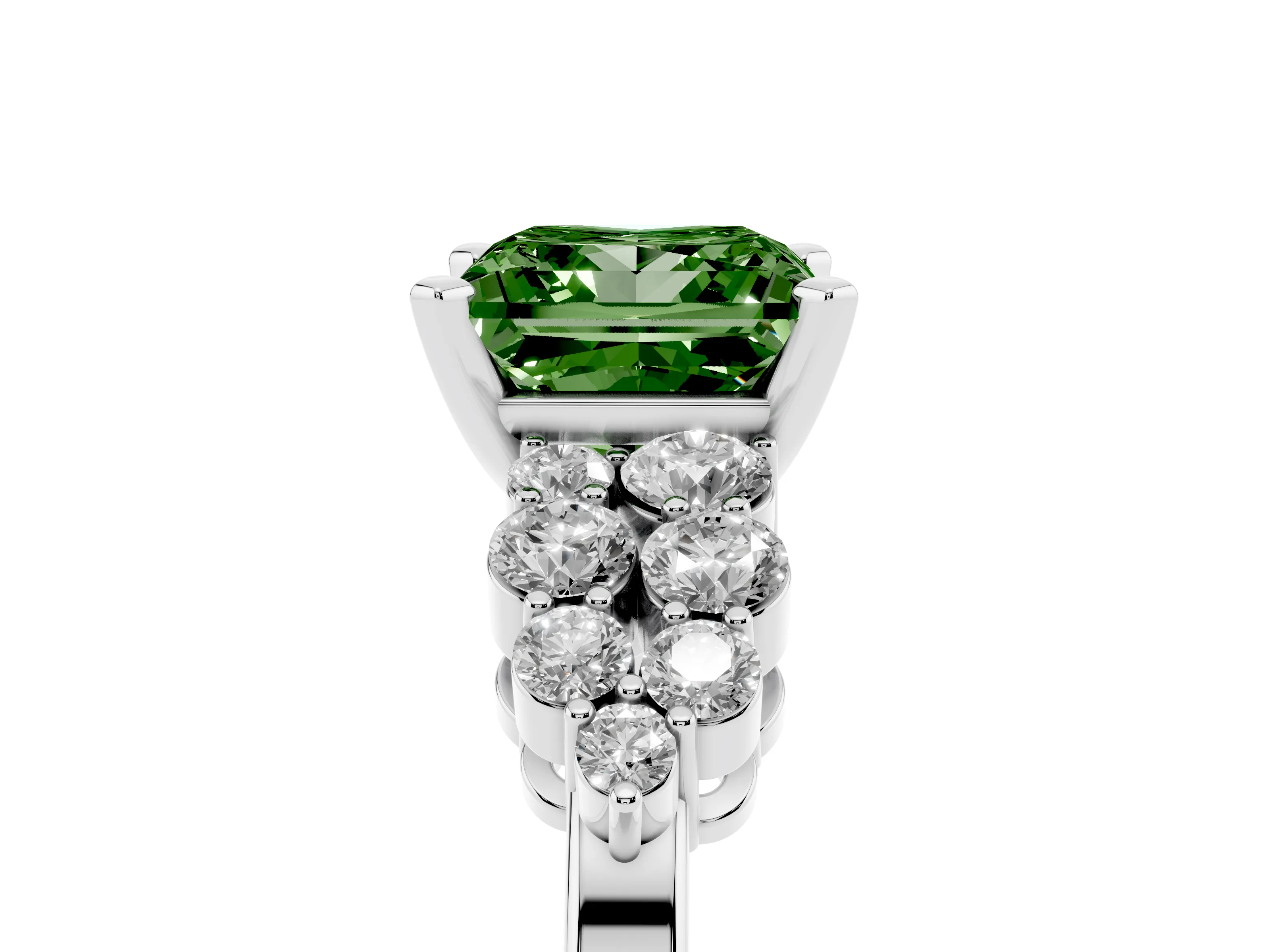 Fancy Green Princess Cut Diamond Cluster Engagement Ring Set in Platinum with Pavé Band and Prong Setting