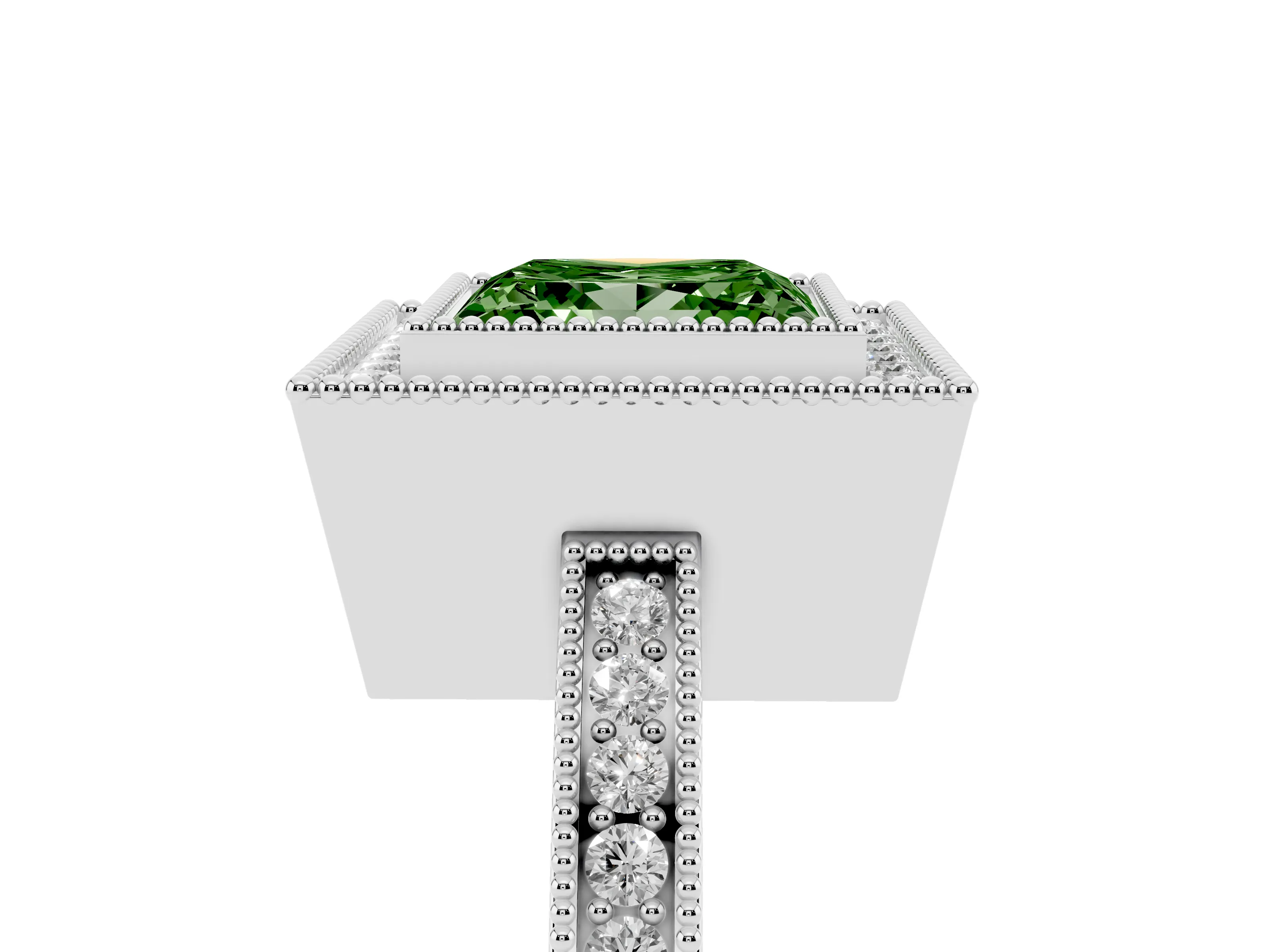 Fancy Green Princess Cut Diamond Halo Ring Set in White gold with Pavé Band and Milgrain-Edged Prongs