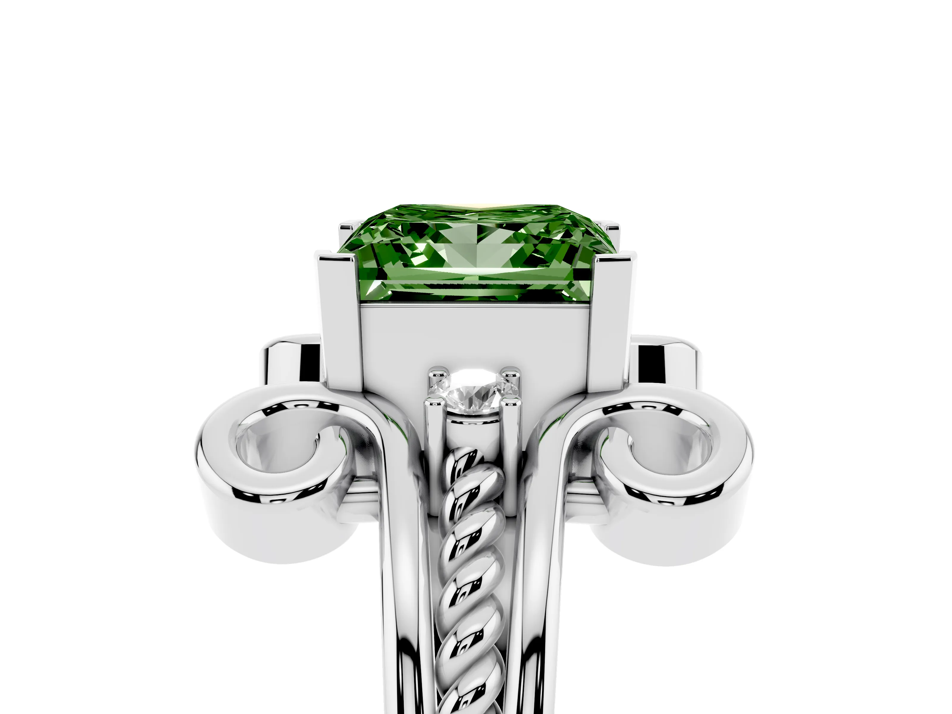 Fancy Green Princess Cut Diamond Twisted Band Solitaire Ring Set in Platinum with Scroll Prongs