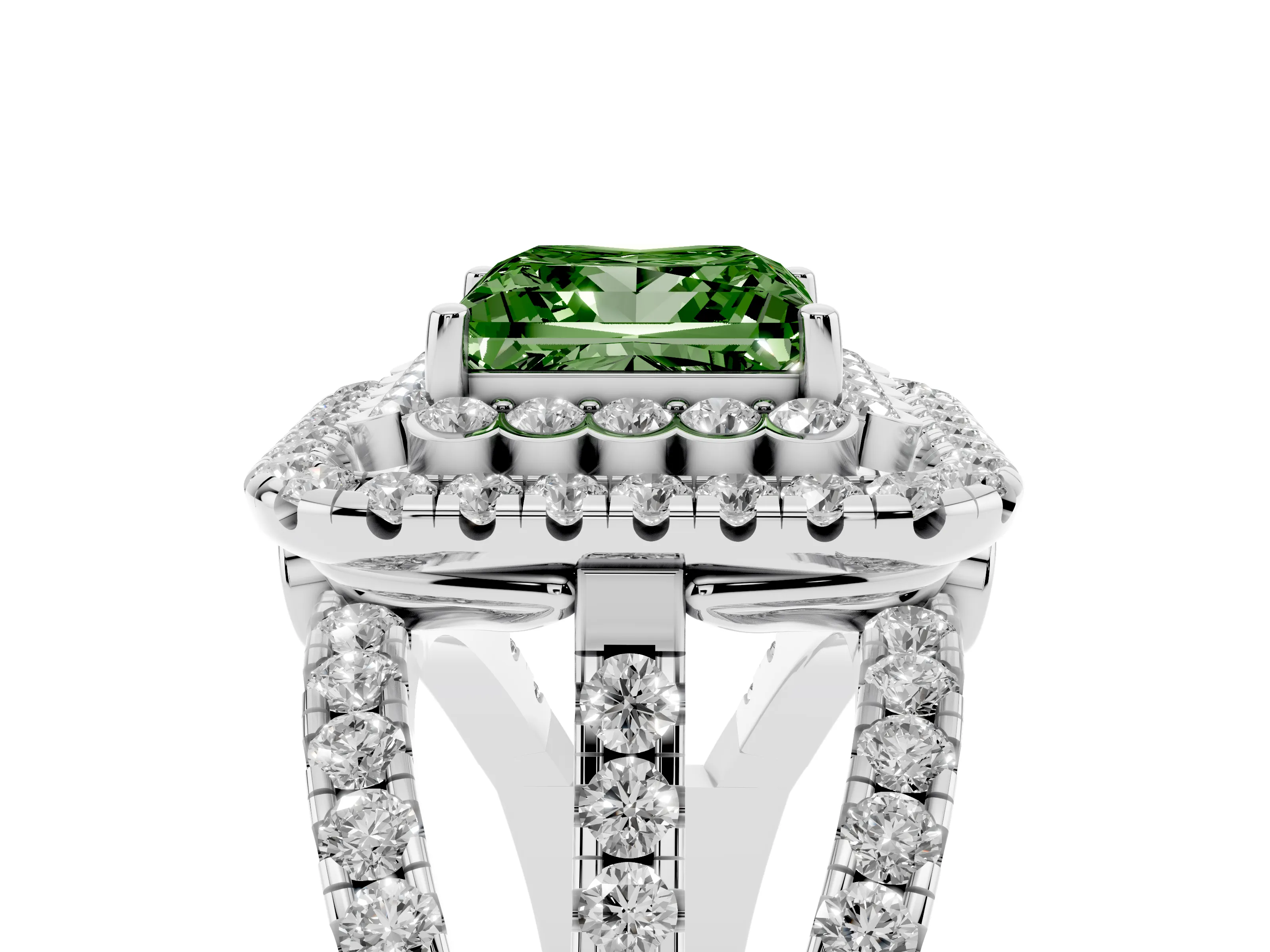 Fancy Green Princess Cut Diamond Double Halo Ring Set in White gold with Round Pavé Split Shank