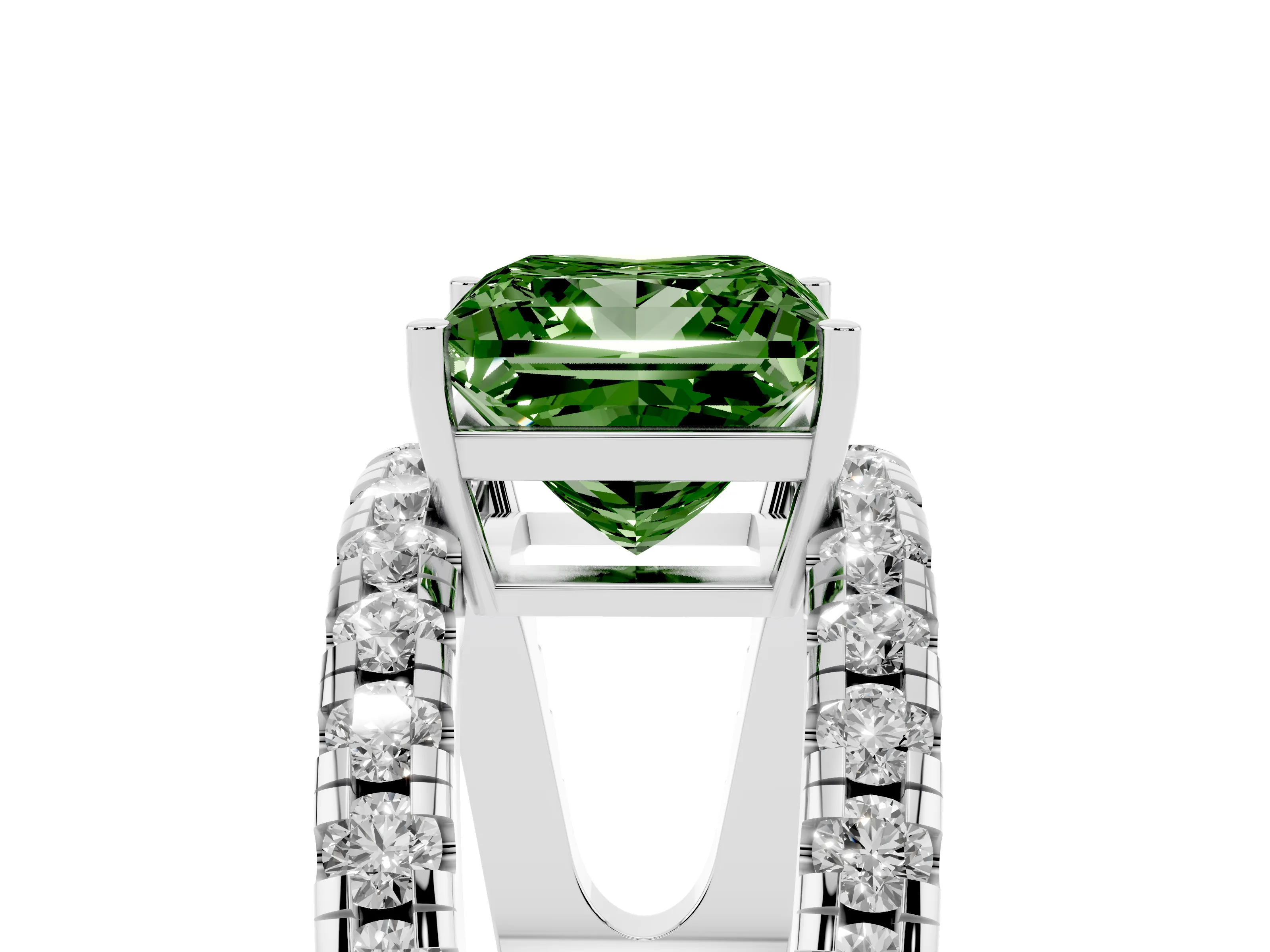 Fancy Green Princess Cut Diamond Split Shank Pavé Solitaire Ring Set in Platinum with Open Shank Design
