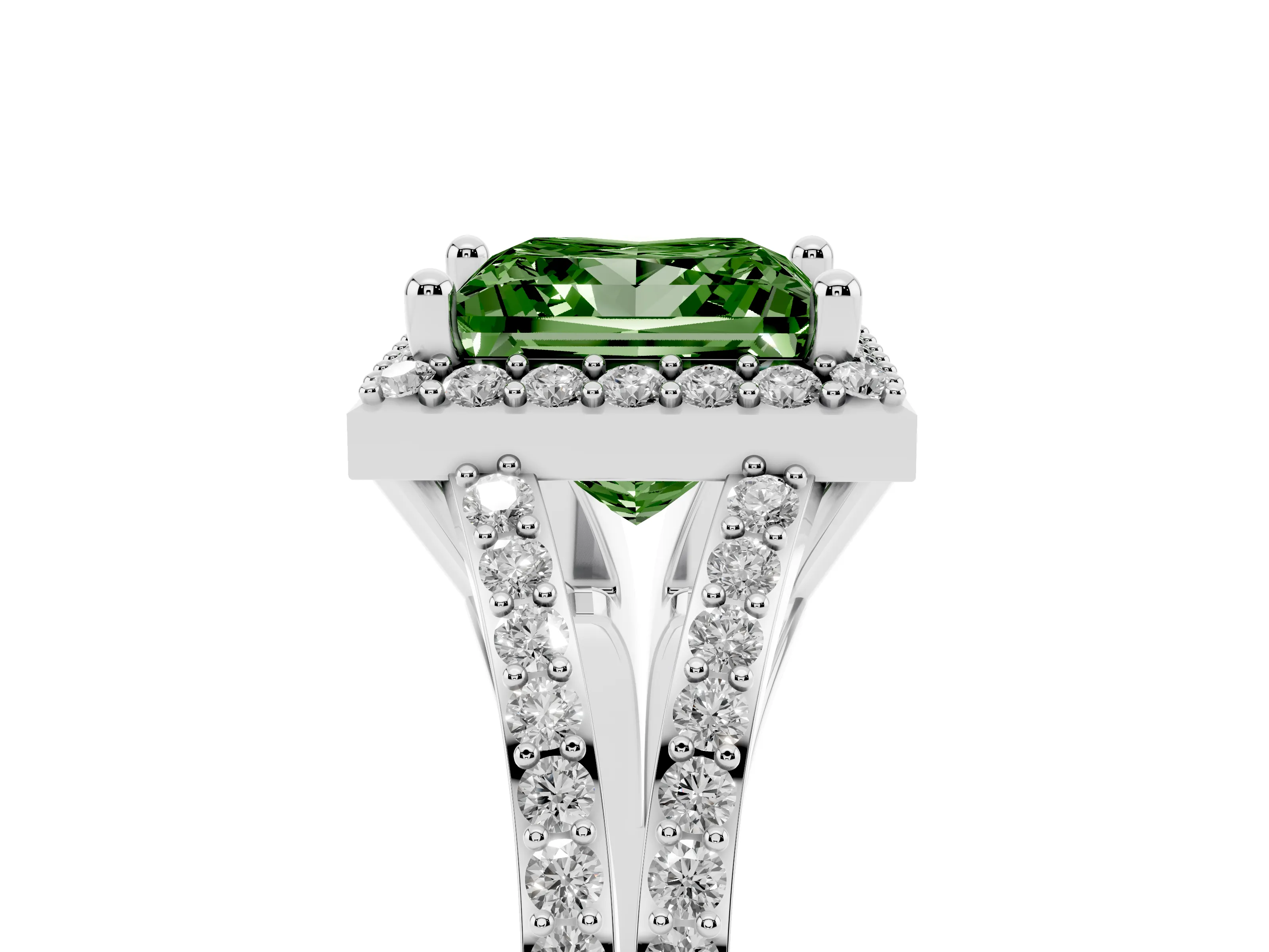Fancy Green Princess Cut Diamond Halo Split Shank Pavé Ring Set in Silver with Prong Setting