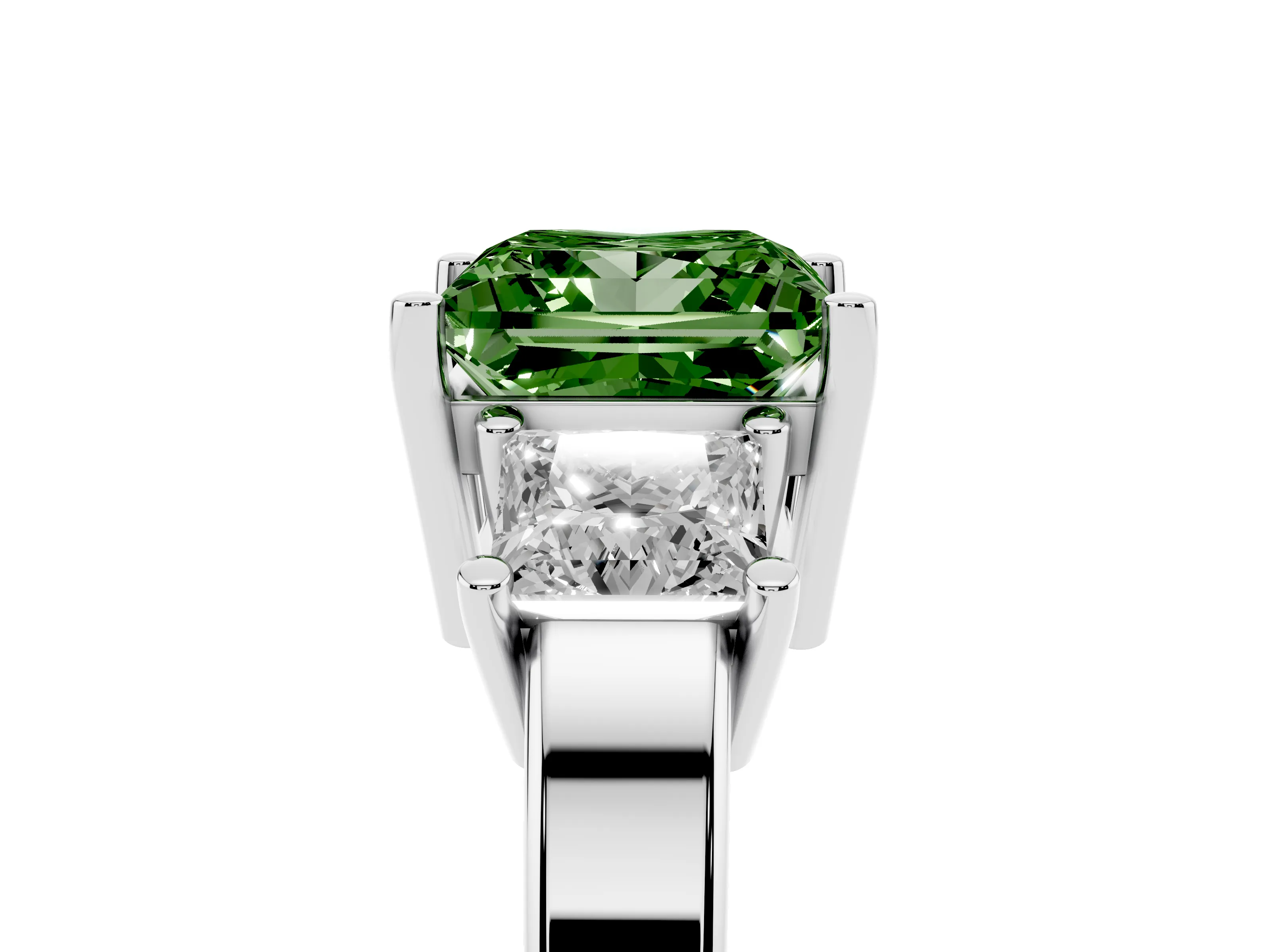 Fancy Green Three-Stone Princess Cut Diamond Solitaire Ring Set in Platinum with Prong Setting