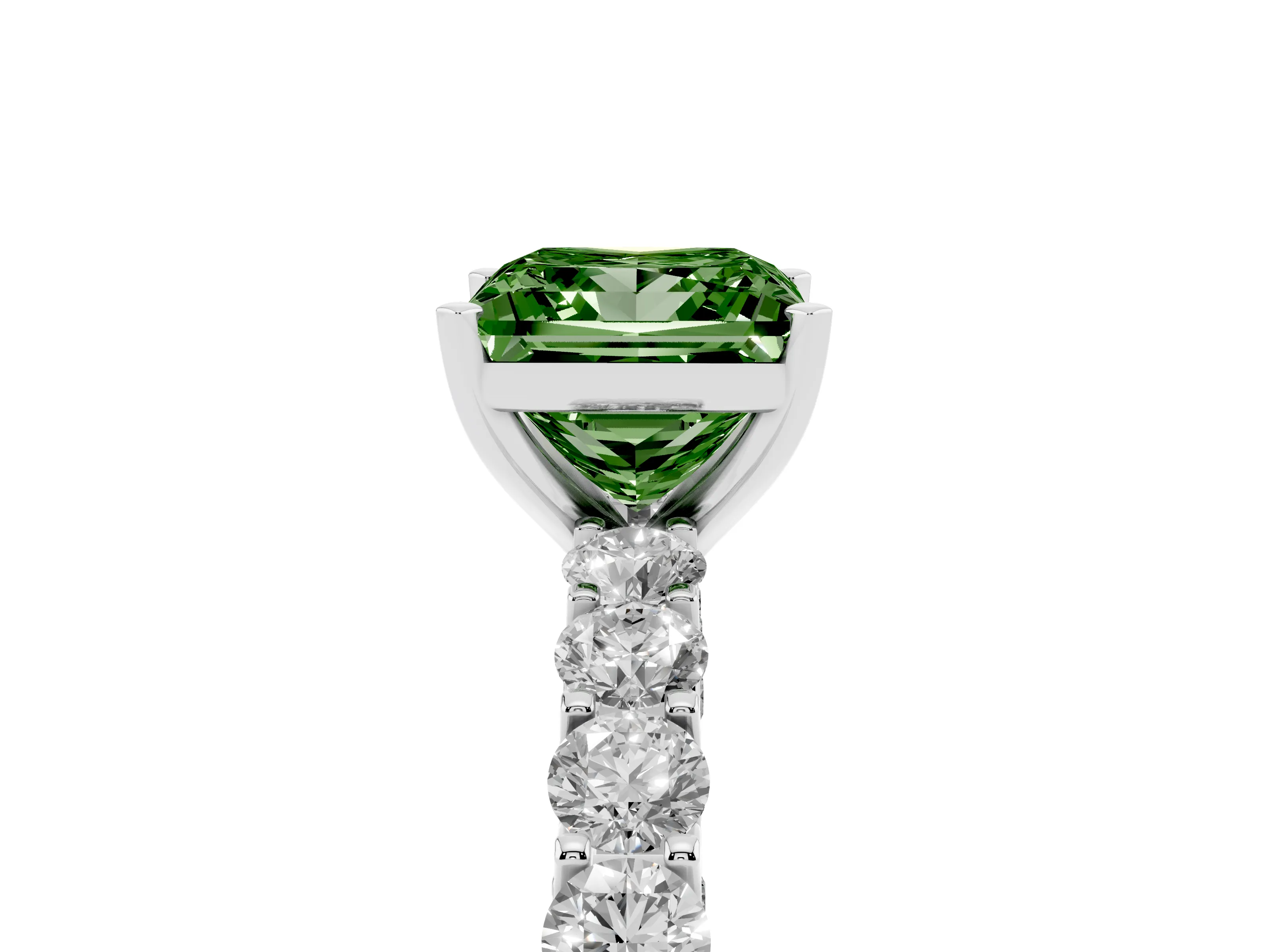 Fancy Green Princess Cut Diamond Solitaire Ring Set in Silver with Shared Prong Pavé Band