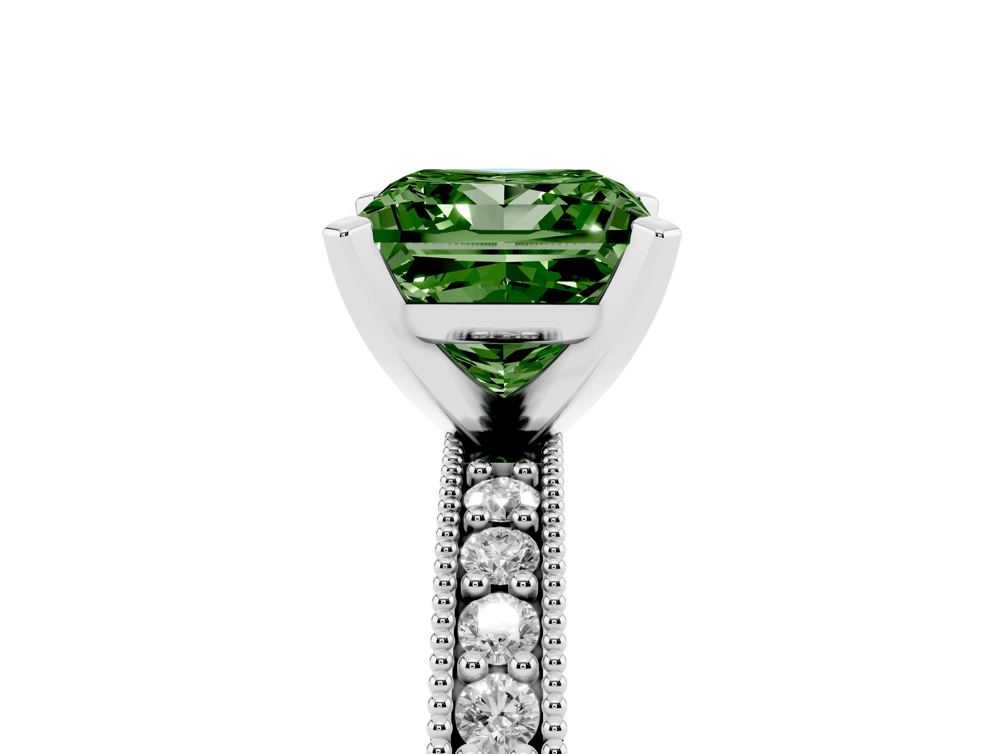 Fancy Green Princess Cut Diamond Milgrain Pavé Engagement Ring Set in Platinum with Prong Setting