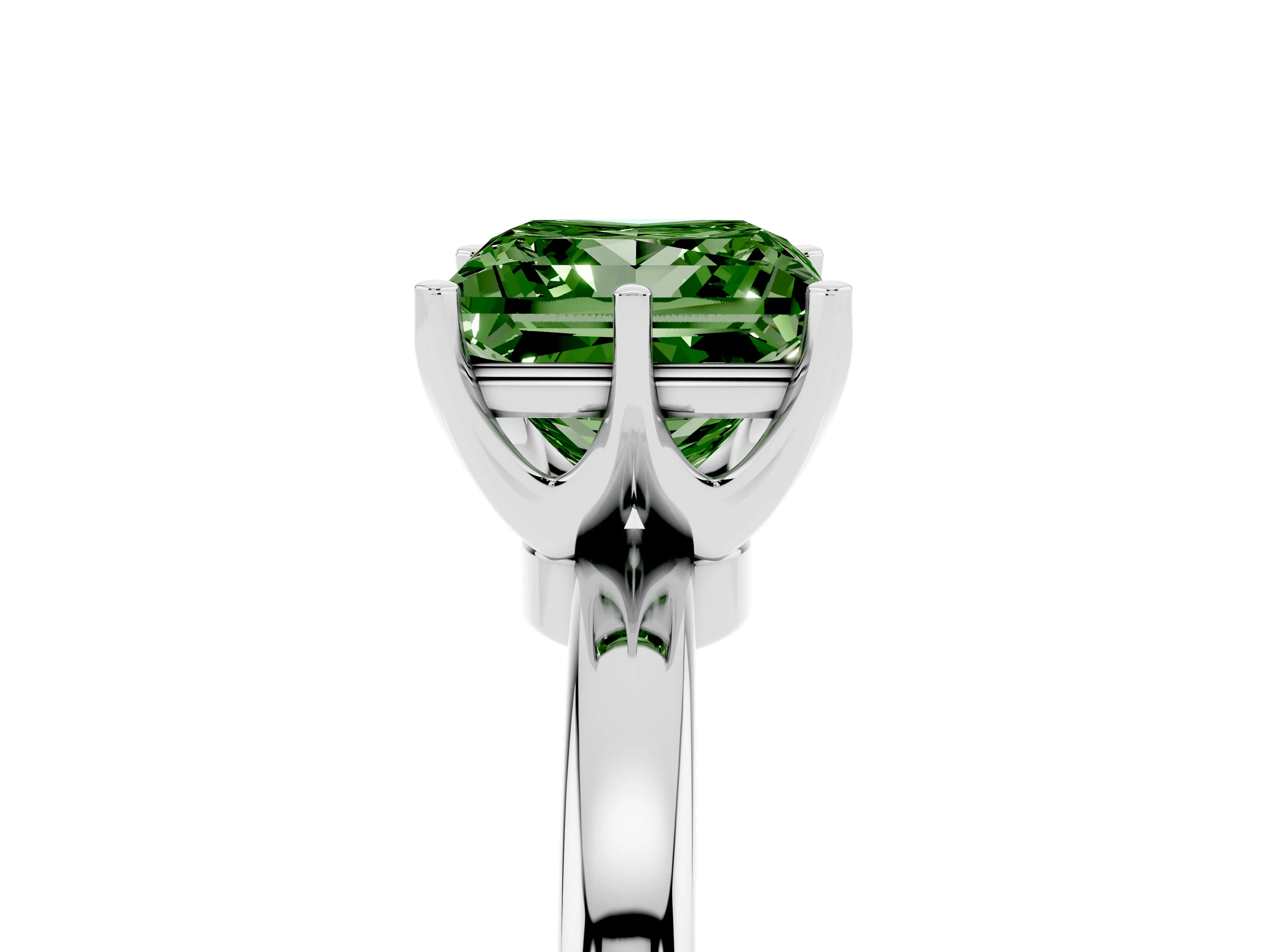 Fancy Green Princess Cut Diamond Solitaire Ring Set in White gold with Raised Prong Setting on a Classic Band