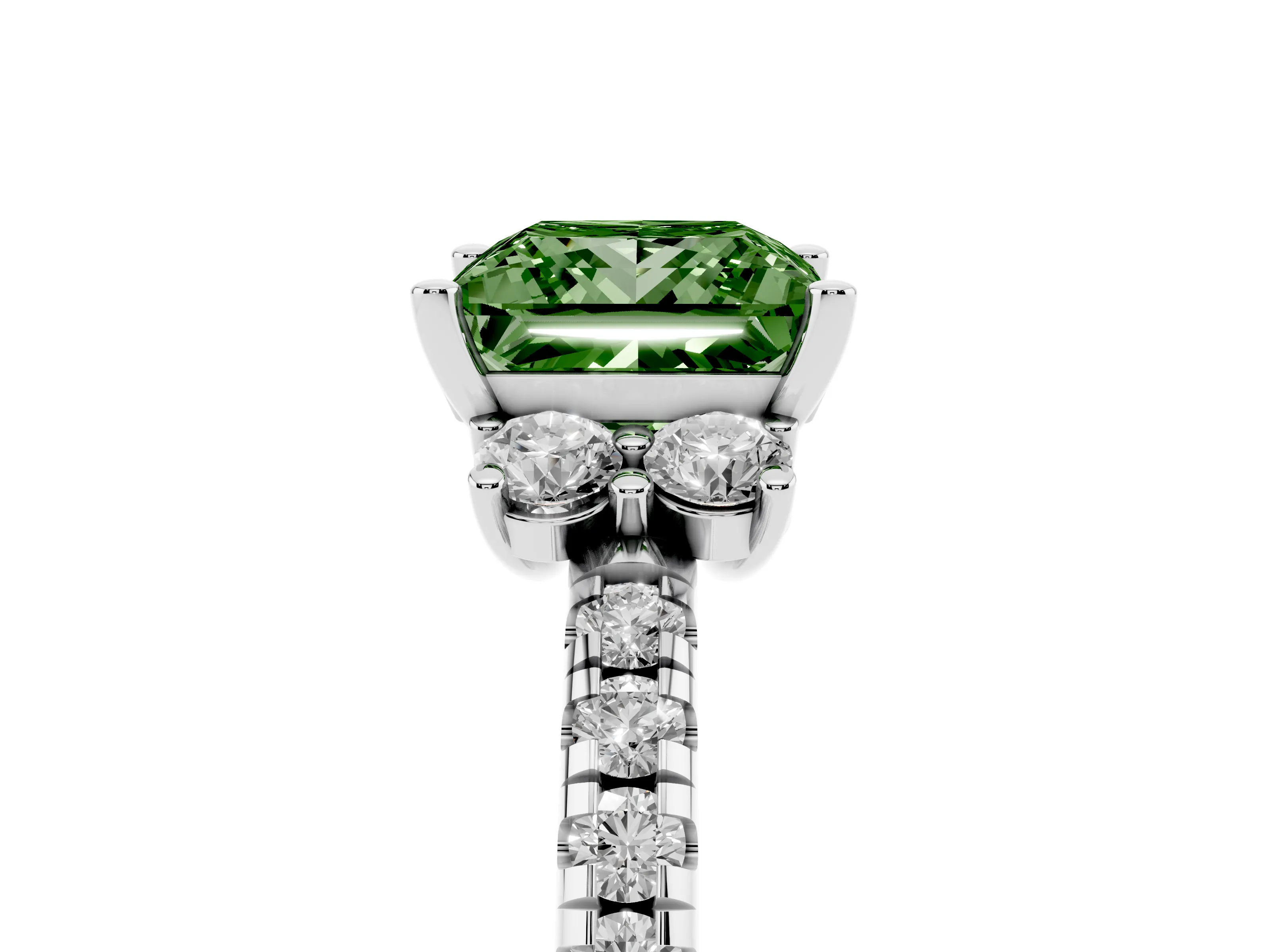 Fancy Green Princess Cut Diamond Three-Stone Pavé Ring Set in Platinum with Prong Setting