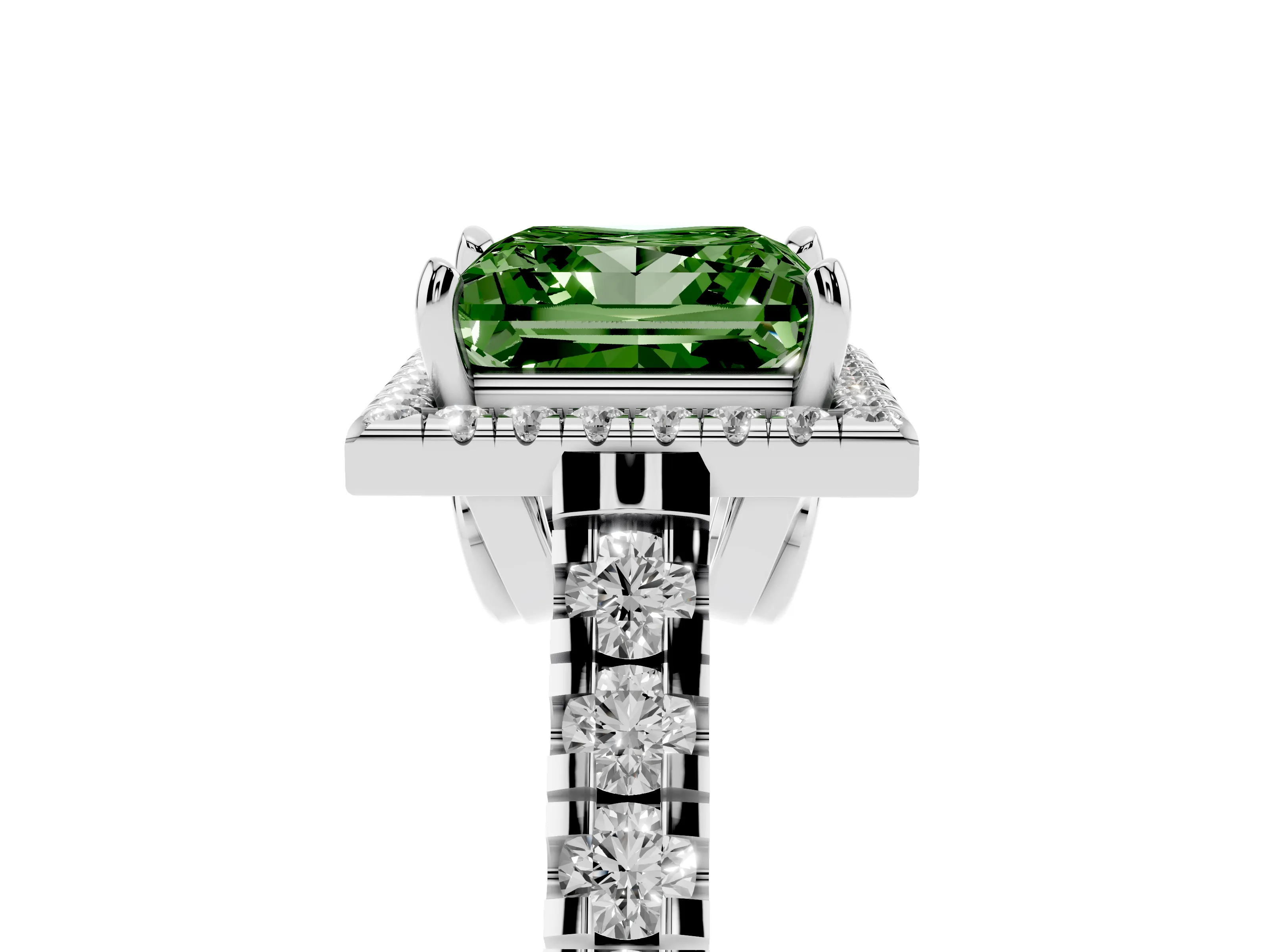 Fancy Green Princess Cut Diamond Halo Engagement Ring Set in Platinum with Pavé Band and Prong-Set Center