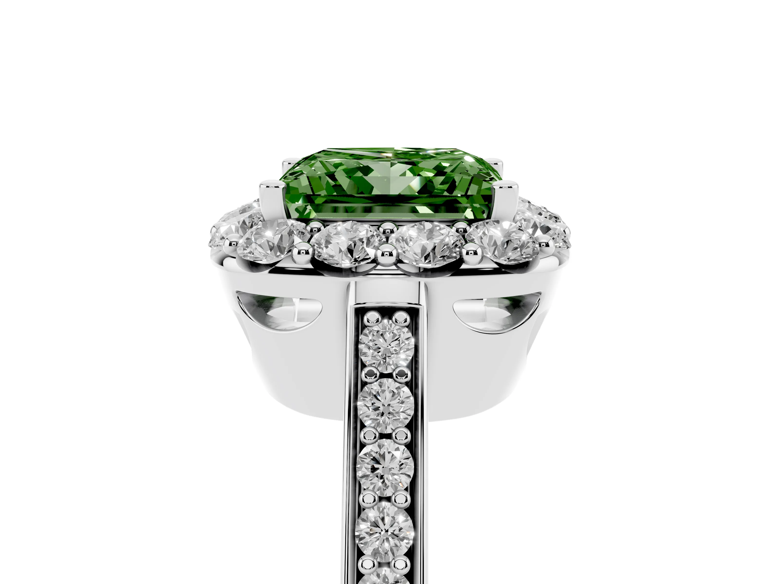 Fancy Green Princess Cut Diamond Floral Halo Ring Set in Silver with Pavé Band and Prong Setting
