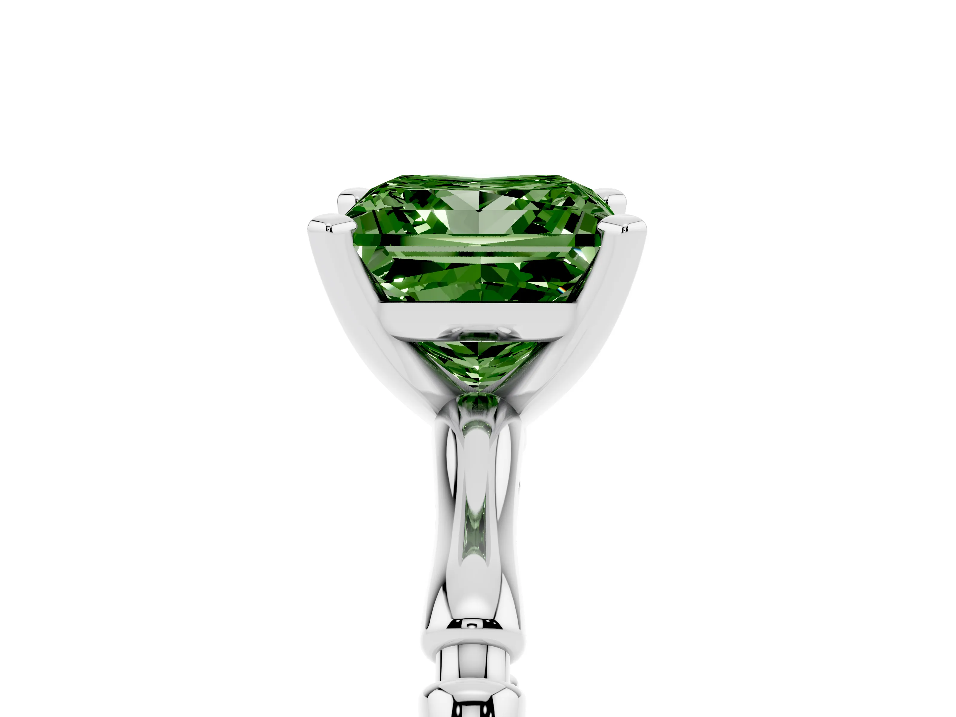 Fancy Green Princess Cut Diamond Solitaire Ring Set in Silver with Bamboo Band and Prong Setting