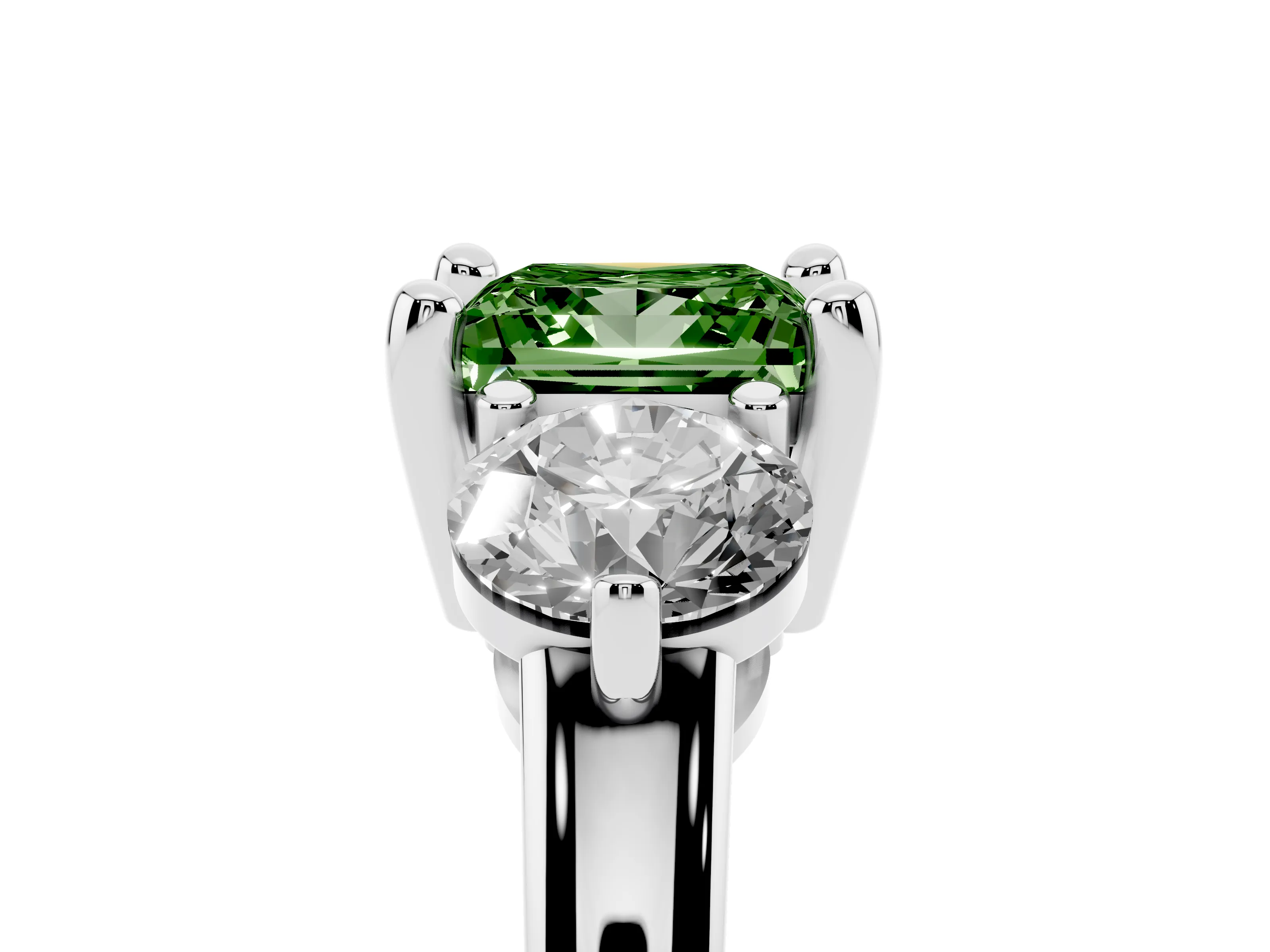 Fancy Green Princess Cut Diamond Three-Stone Ring Set in White gold with Prong Setting and Classic Band