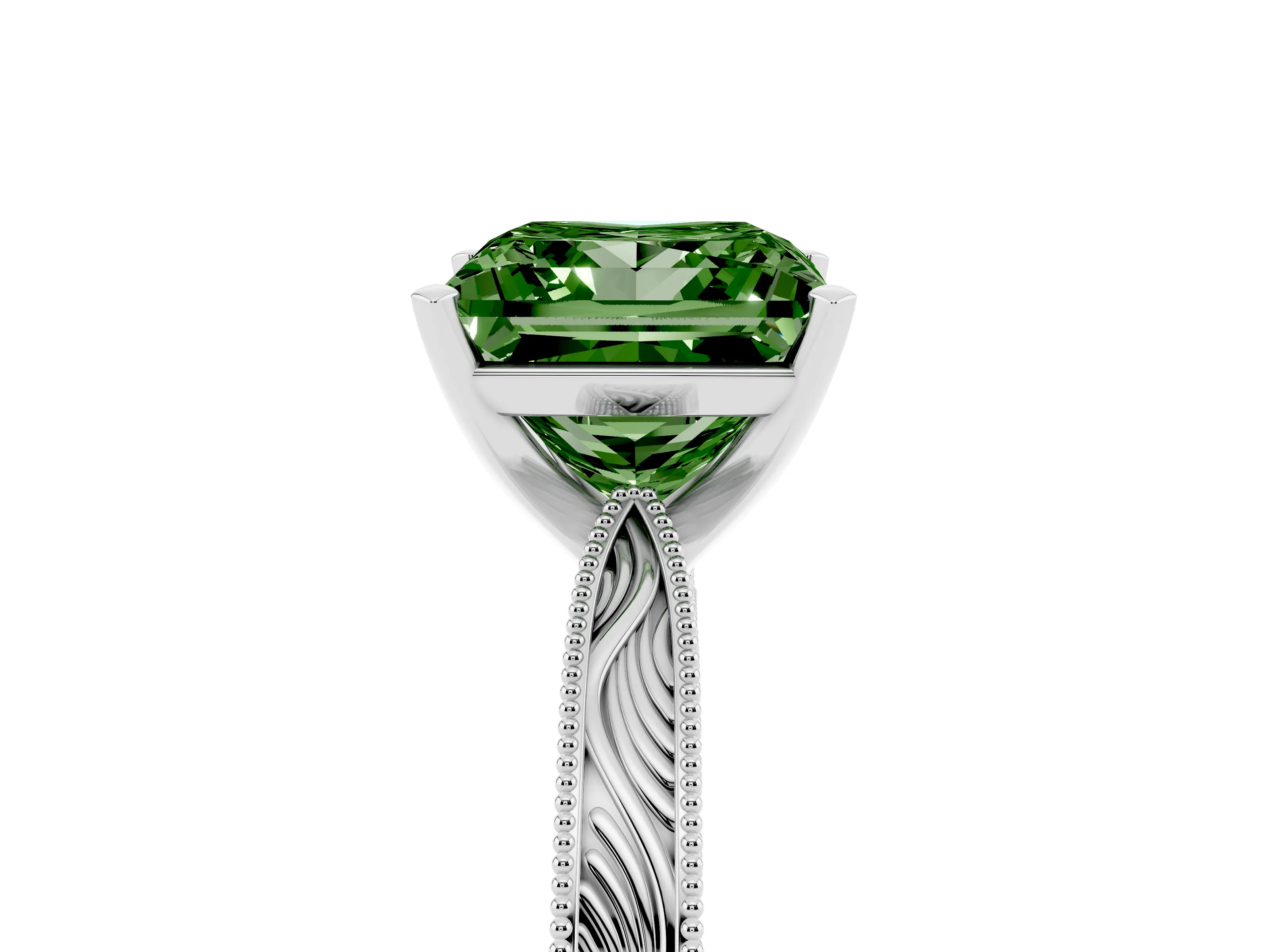 Fancy Green Princess Cut Diamond Solitaire Milgrain Engraved Band Set in Silver with Prong Setting