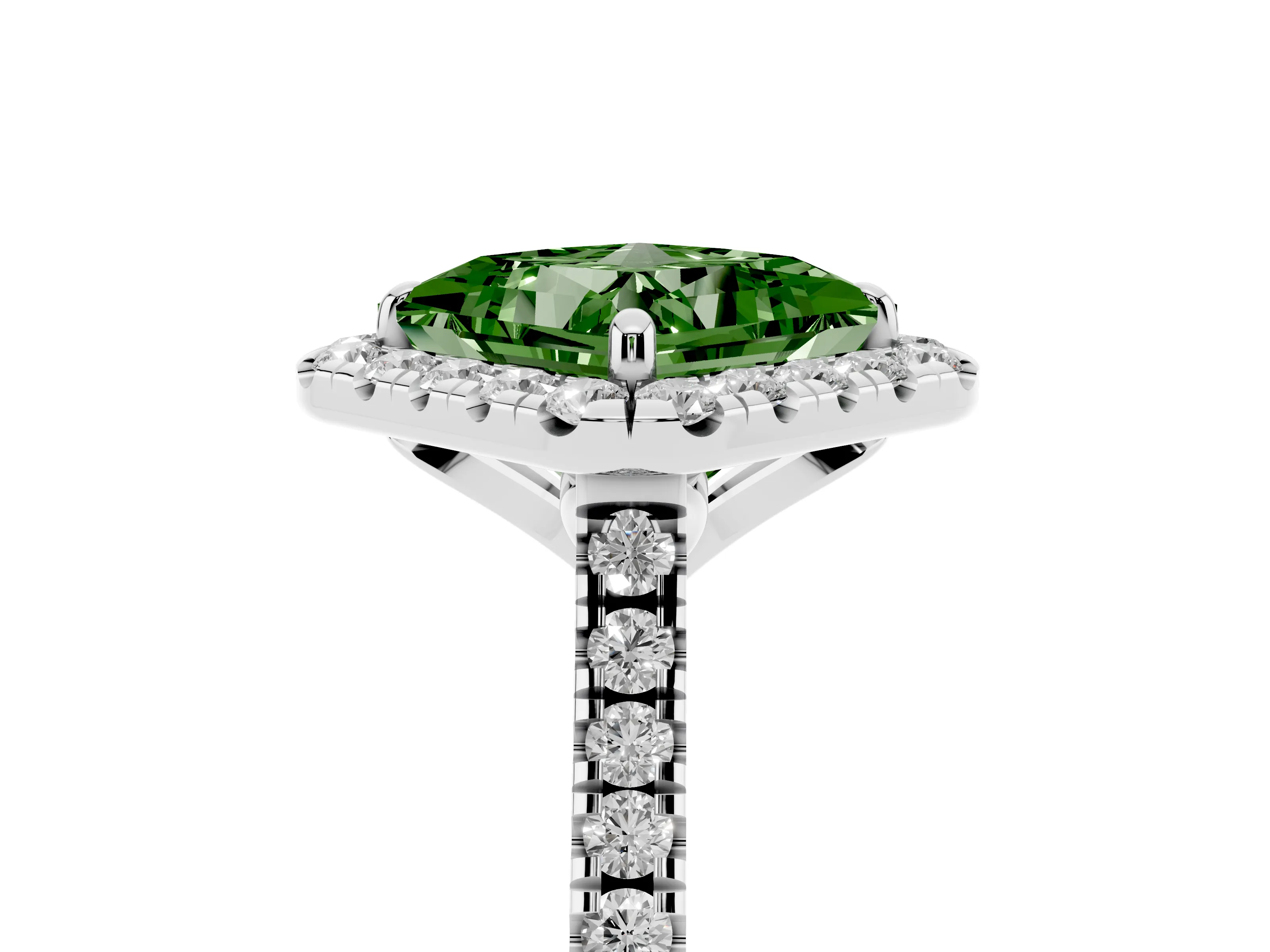 Fancy Green Princess Cut Diamond Cushion Halo Ring Set in Silver with Pavé Band