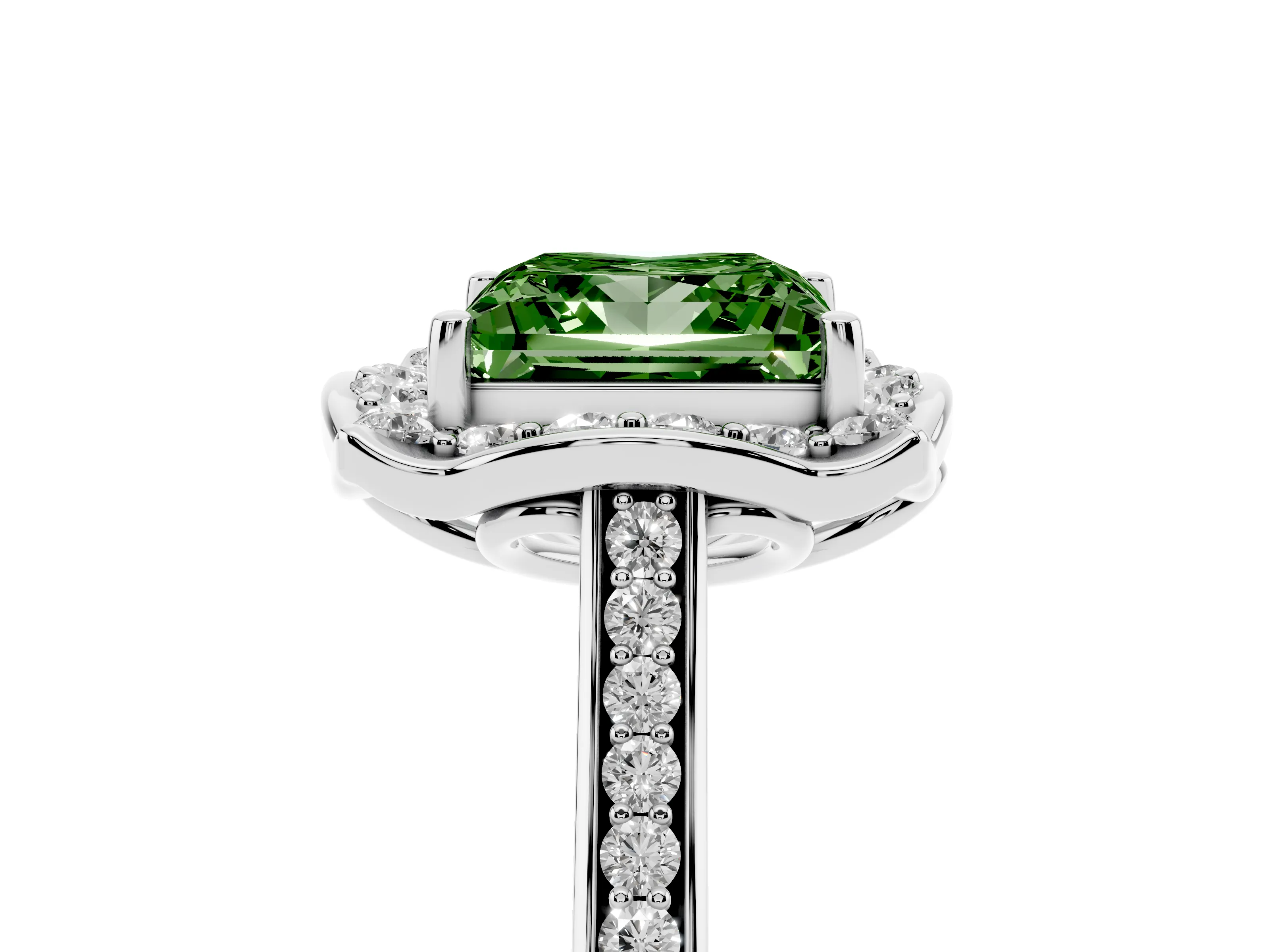 Fancy Green Princess Cut Diamond Halo Ring Set in White gold with Pavé-Lined Shoulders and Prong Setting