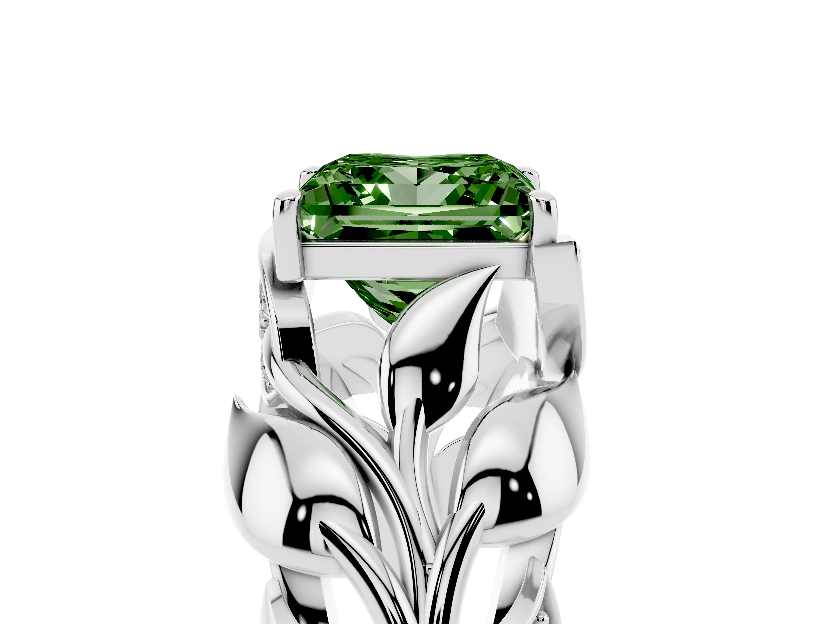 Fancy Green Princess Cut Diamond Leaf-Inspired Engagement Ring Set in Platinum with Round Accents