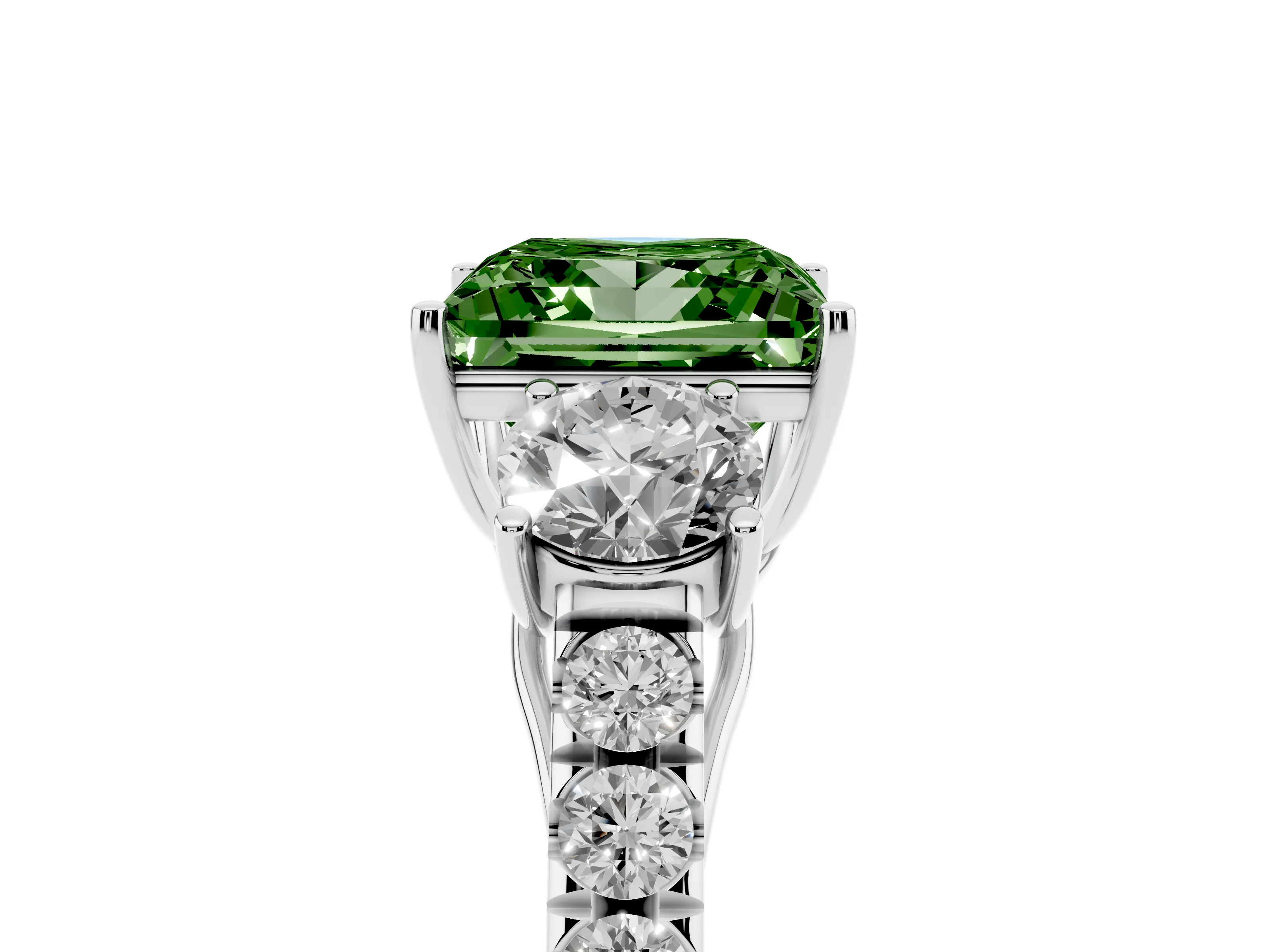 Fancy Green Princess Cut Diamond Three-Stone Ring Set in Silver with Round Side Stones and Delicate Pavé Band