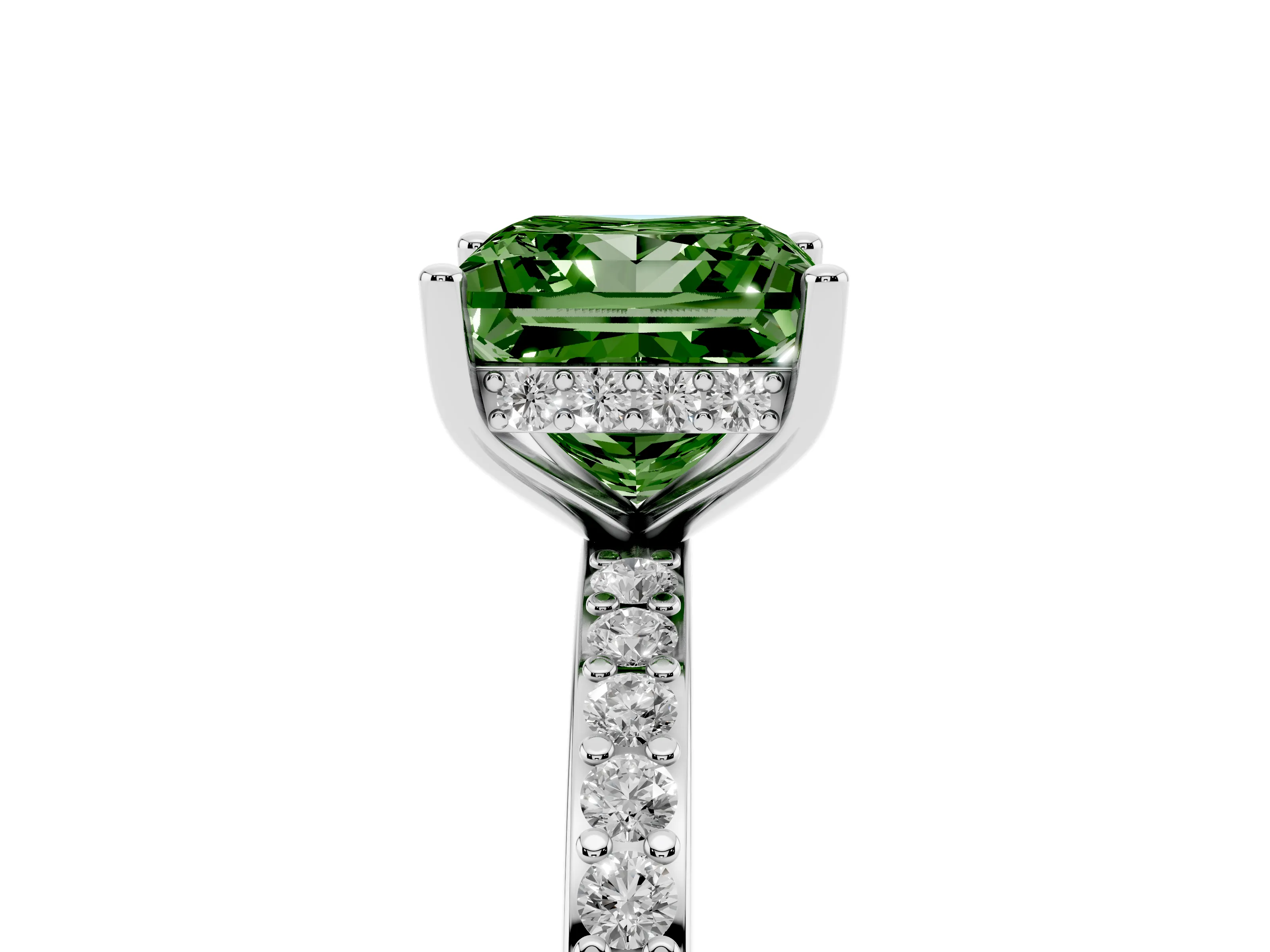 Fancy Green Princess Cut Diamond Pavé Band Ring Set in White gold with Prong-Set Center Stone