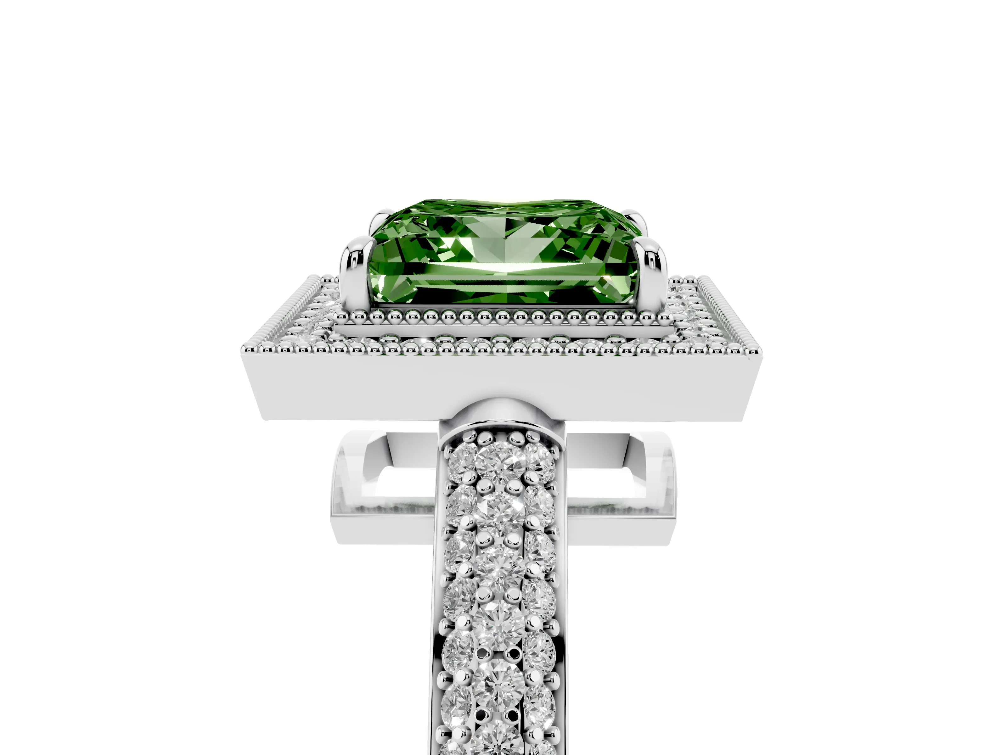 Fancy Green Princess Cut Diamond Halo Pavé Band Set in Platinum with Prong Setting