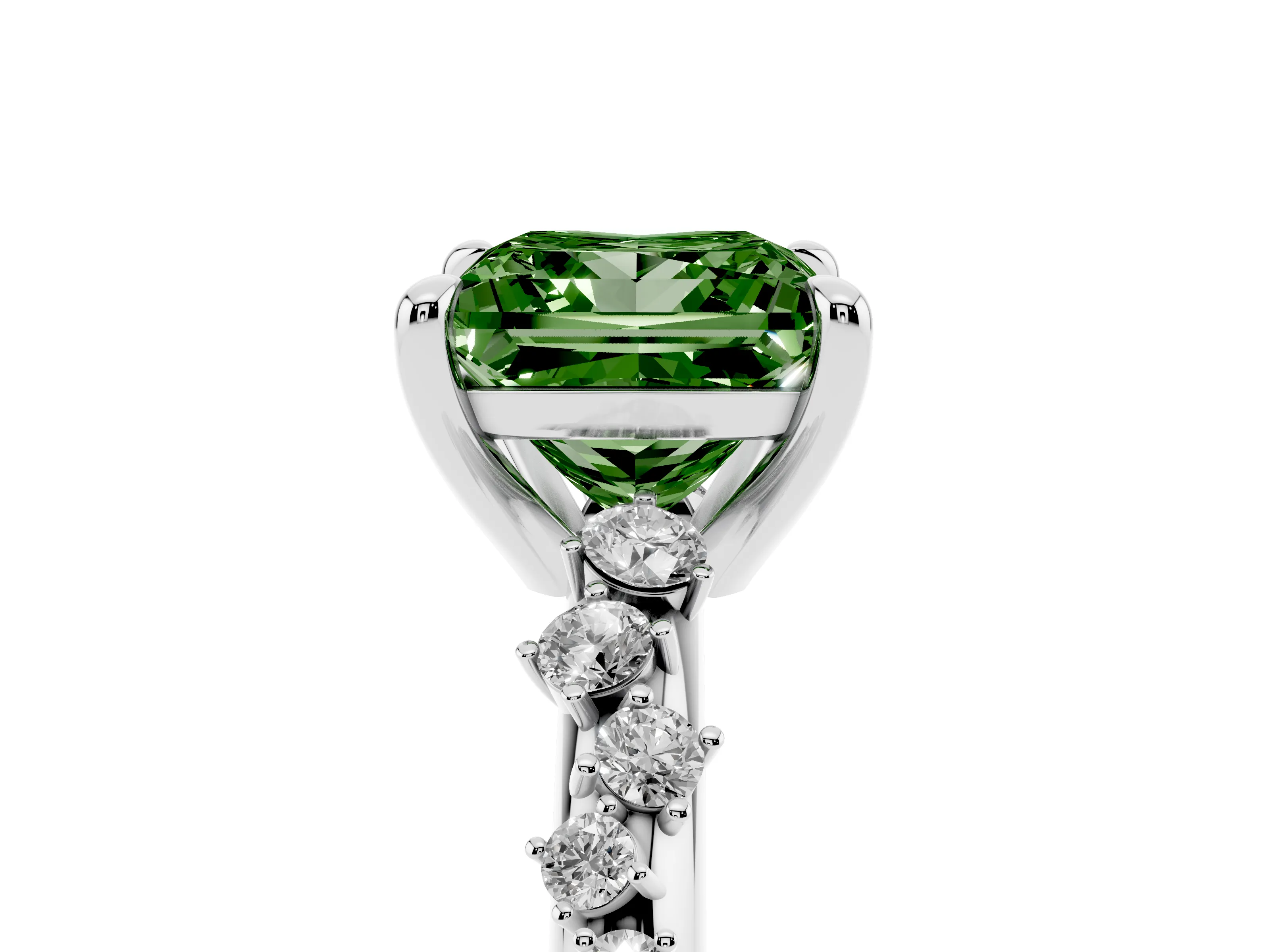 Fancy Green Princess Cut Diamond Solitaire Vine Band Ring Set in White gold with Round Accents and Prong Setting