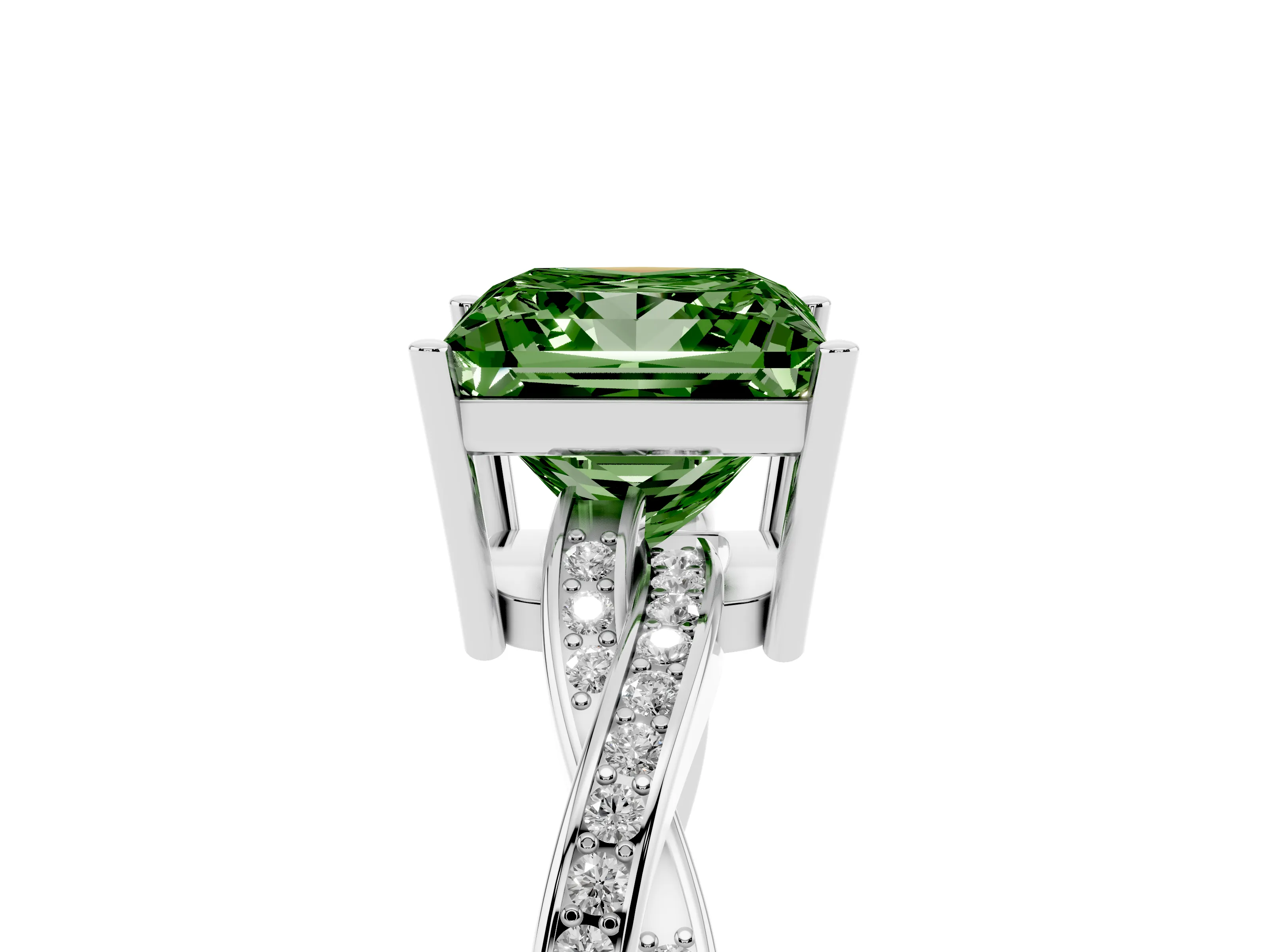 Fancy Green Princess Cut Diamond Solitaire Twisted Pavé Ring Set in Silver with Prong Setting