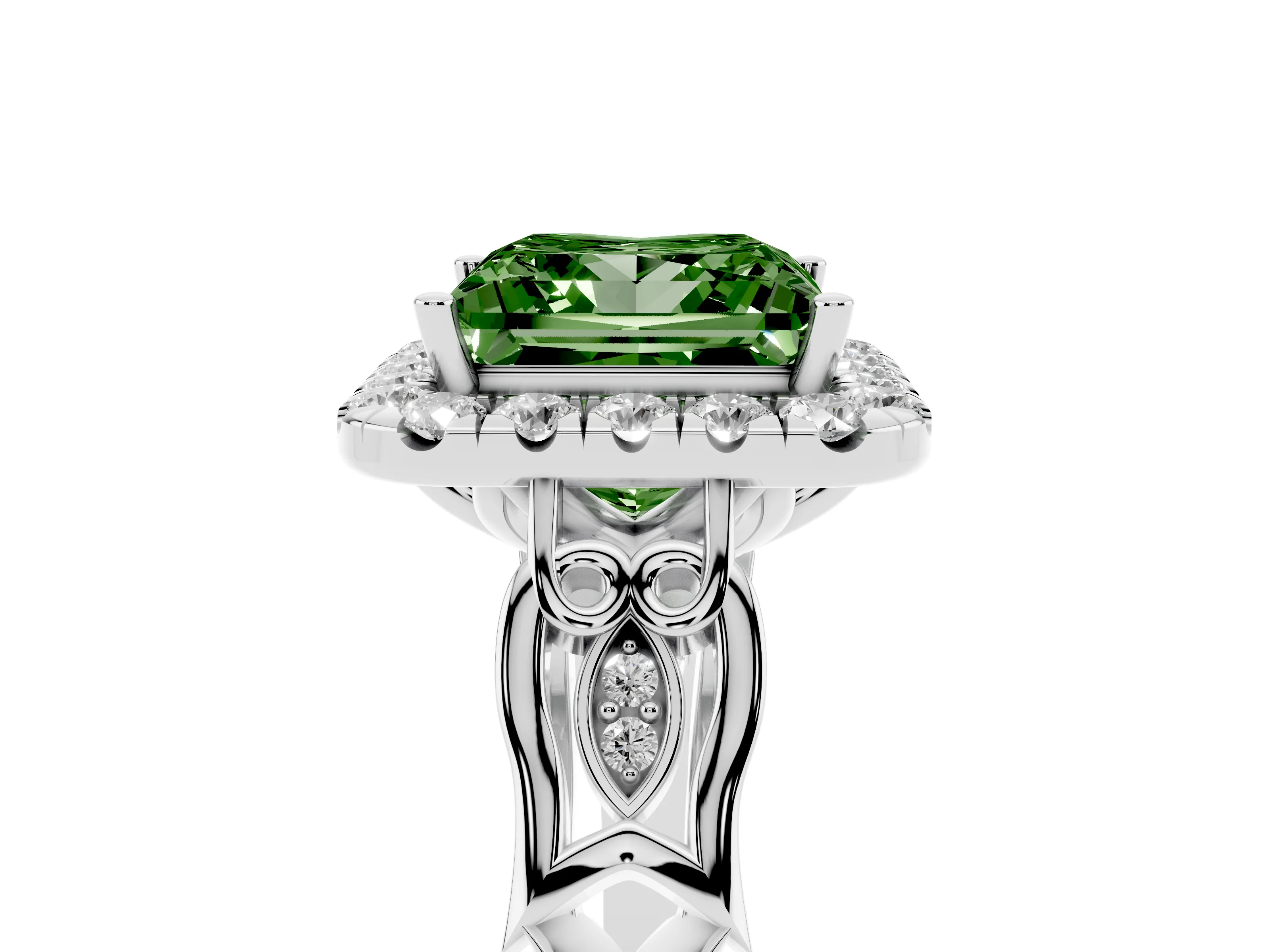 Fancy Green Princess Cut Diamond Halo Engagement Ring Set in White gold with Filigree Band and Prong-Set Center