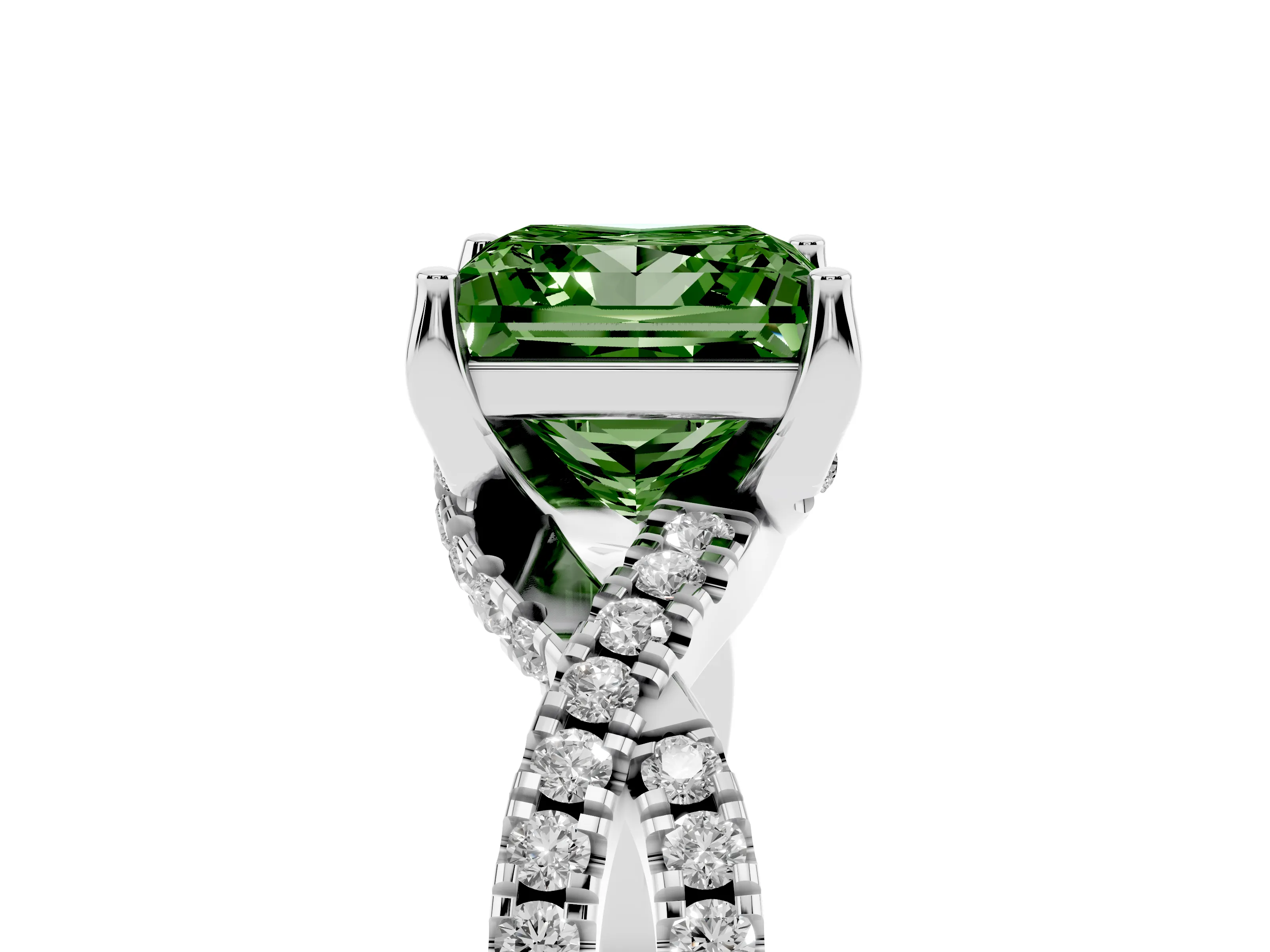 Fancy Green Princess Cut Diamond Twist Pavé Solitaire Engagement Ring Set in Silver with Prong Setting