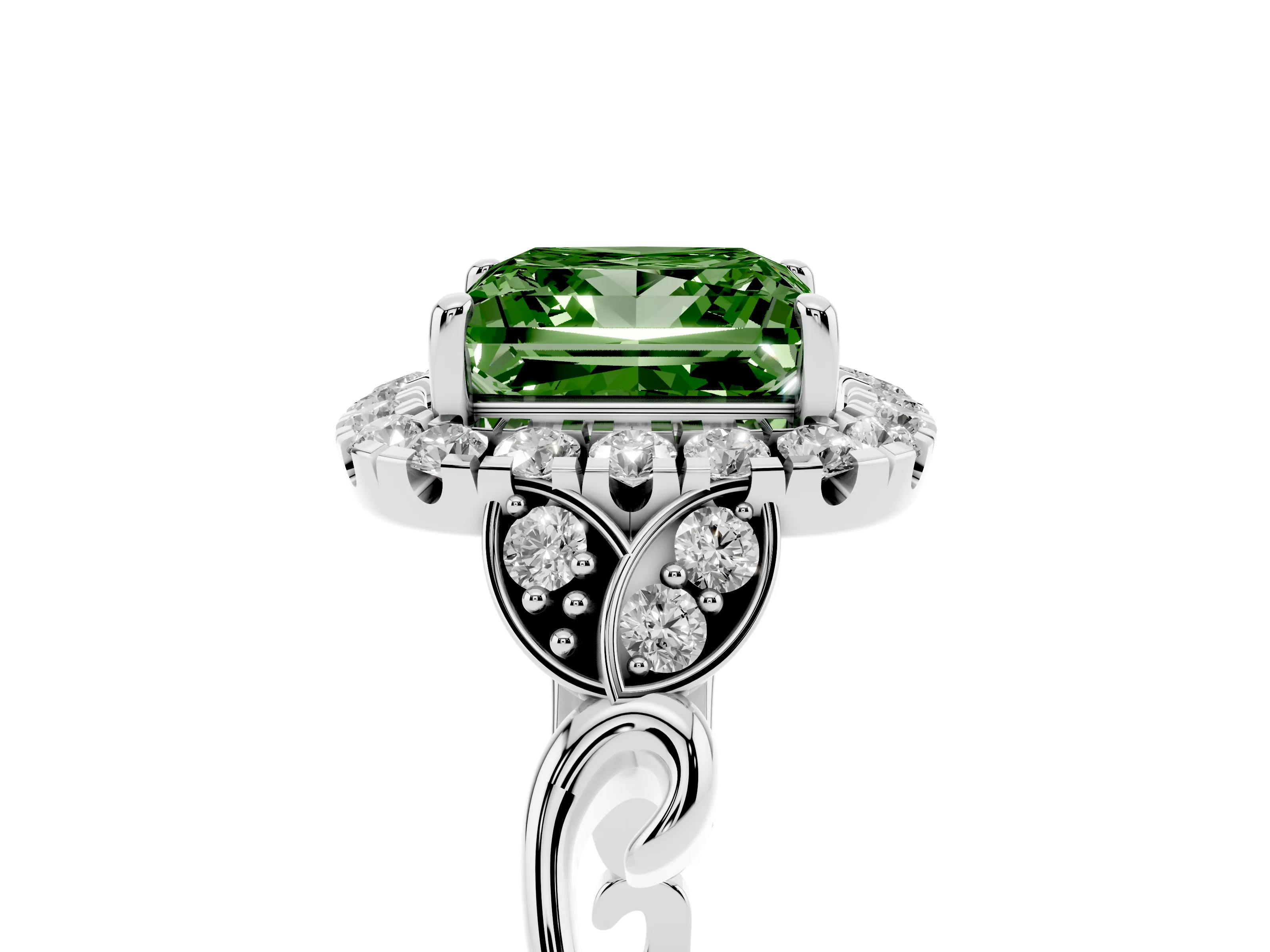 Fancy Green Princess Cut Diamond Halo Engagement Ring Set in Silver with Vintage-Inspired Band and Prong Setting