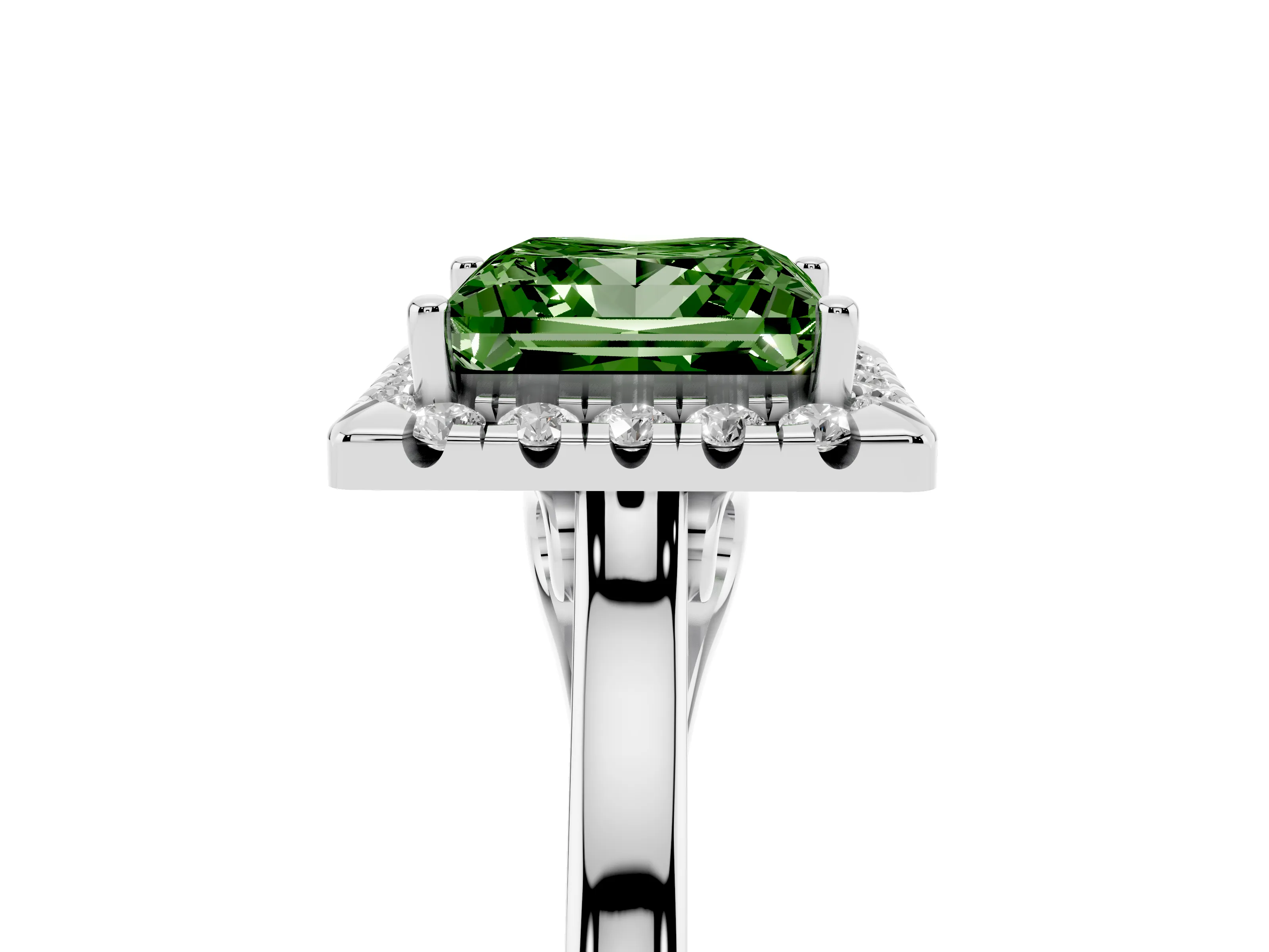 Fancy Green Princess Cut Halo Round Diamond Solitaire Ring Set in White gold with Pavé Band and Prong Setting