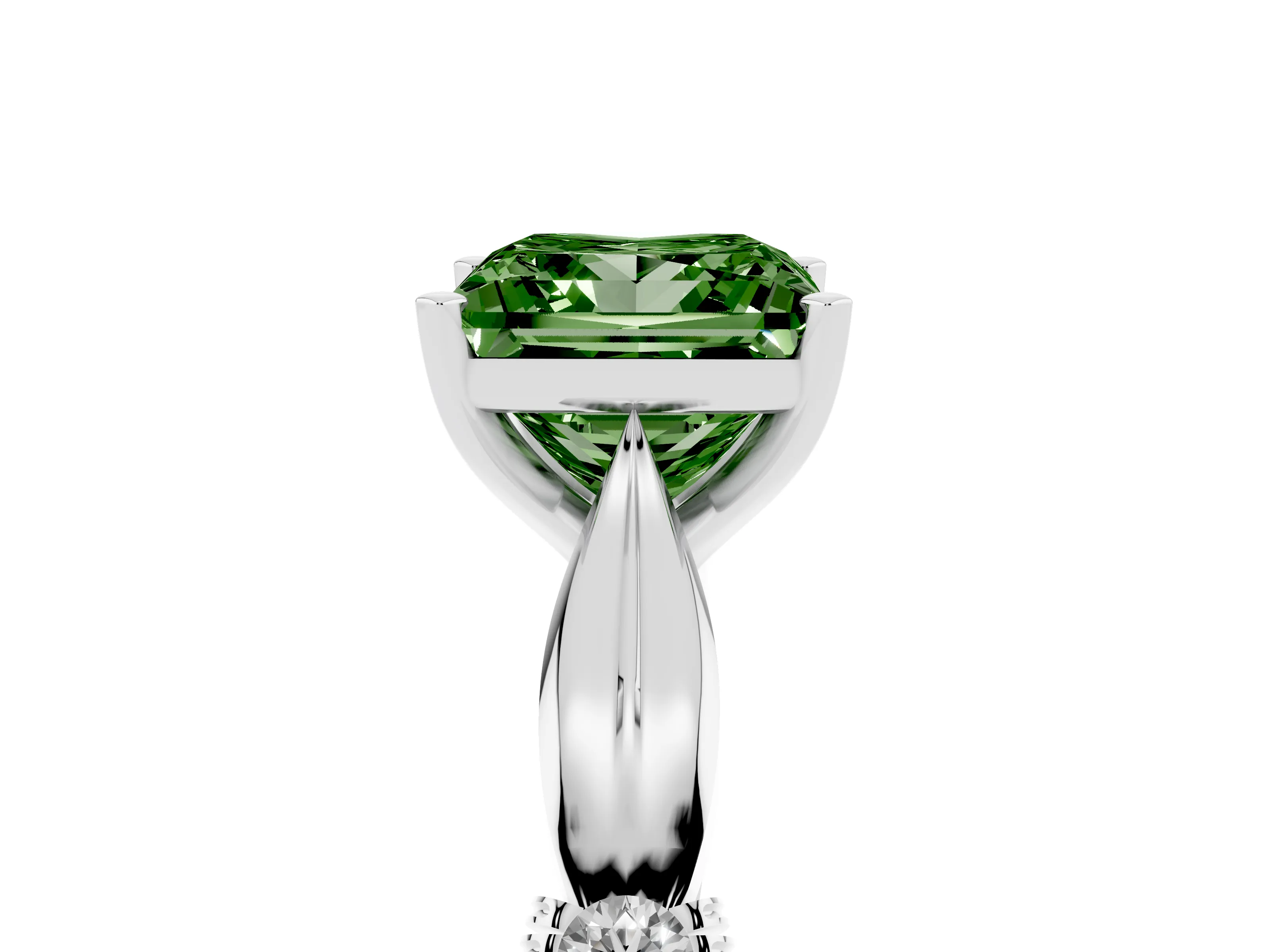 Fancy Green Princess Cut Diamond Solitaire Twisted Band Ring Set in Platinum with Accent Stones and Prong Setting