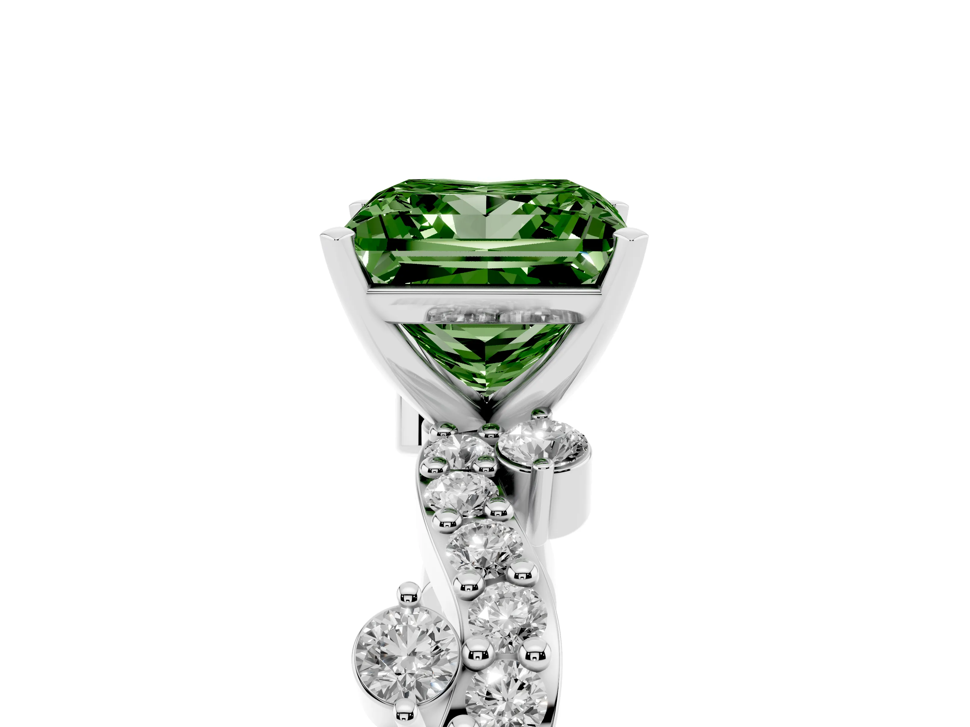 Fancy Green Princess Cut Diamond Solitaire Twisted Band Set in Platinum with Pavé Setting