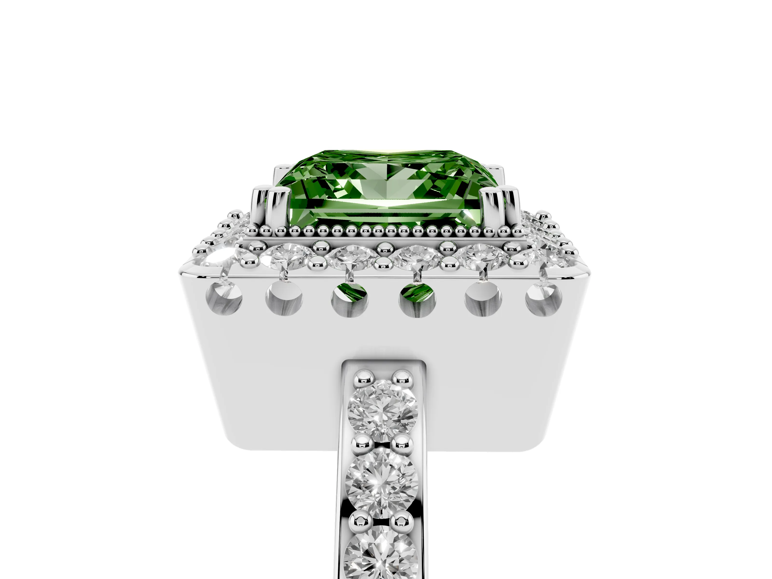 Fancy Green Princess Cut Diamond Halo Ring Set in White gold with Pavé Shank and Prong Setting